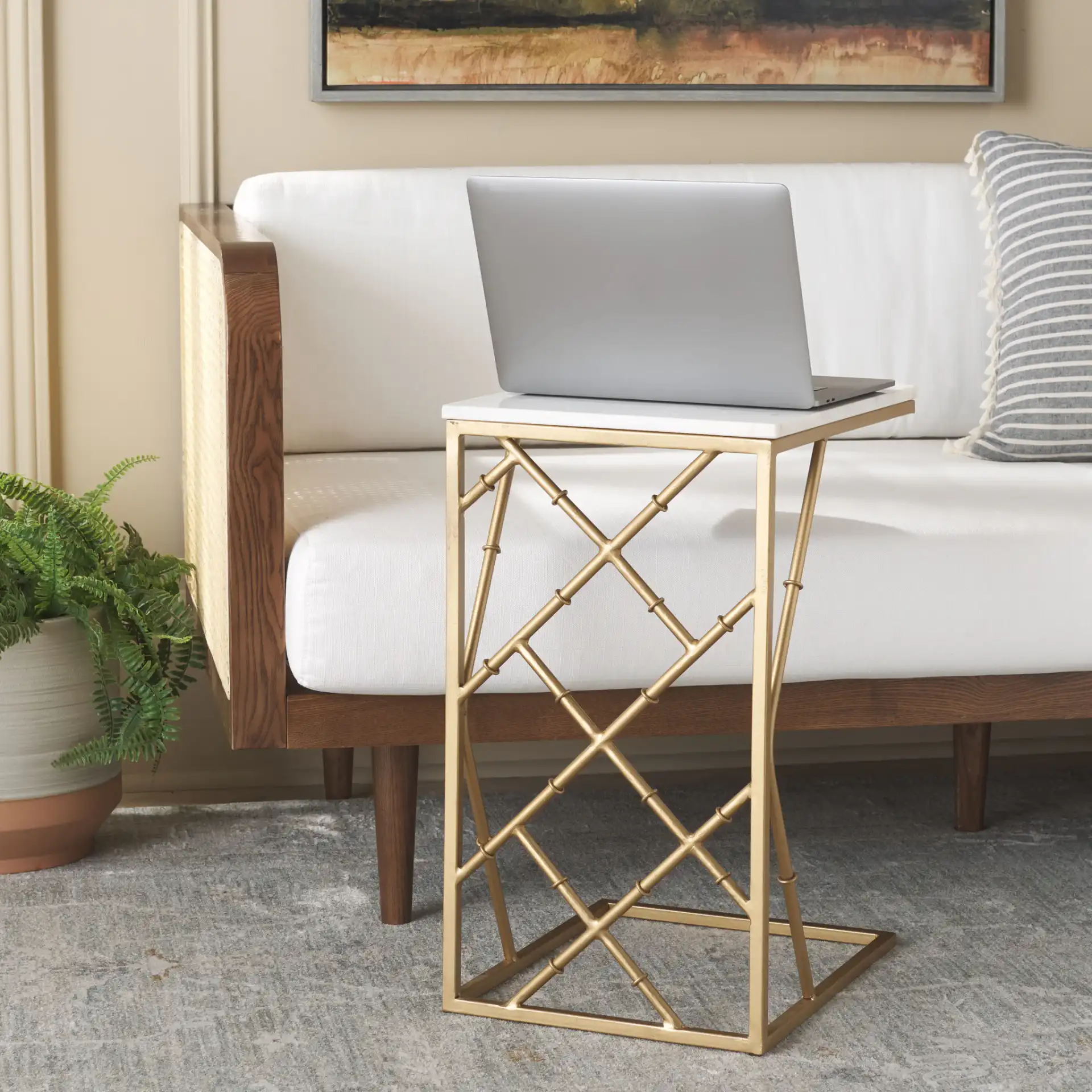 Keston Marble C-Table in White Marble / Gold in a styled room