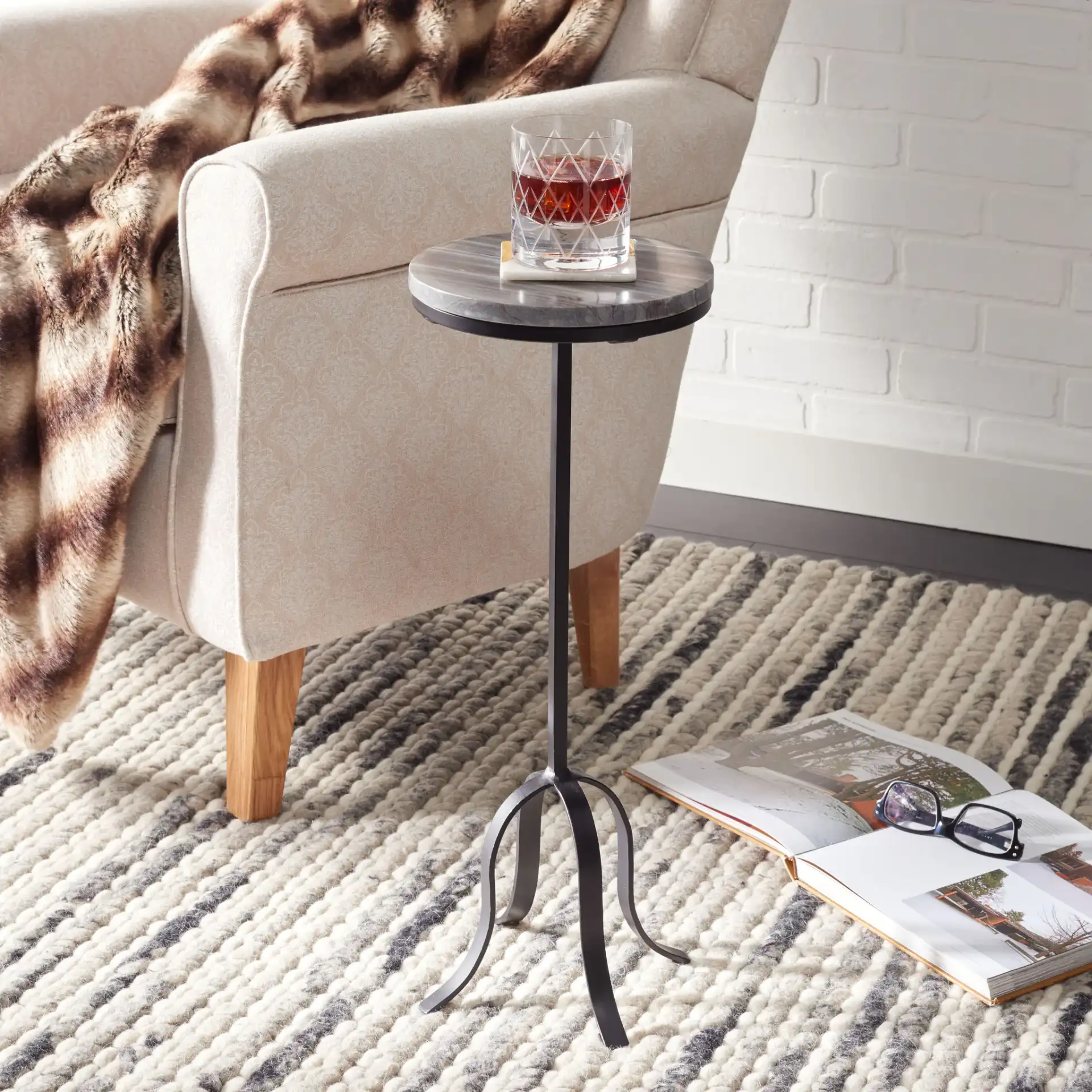 Hiten Drink Table in Gray Marble in a styled room