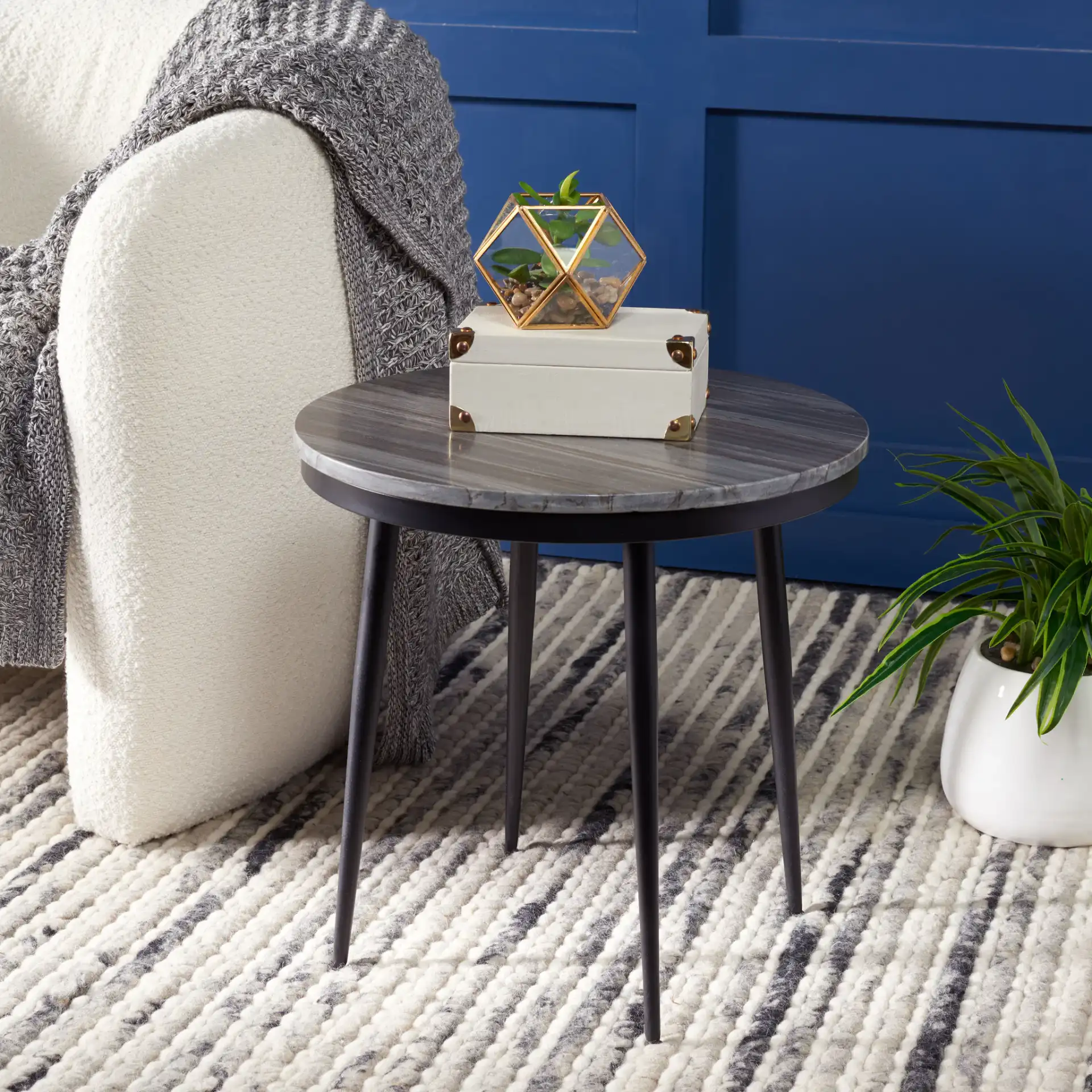 Nylah Marble Side Table in Gray Marble in a styled room