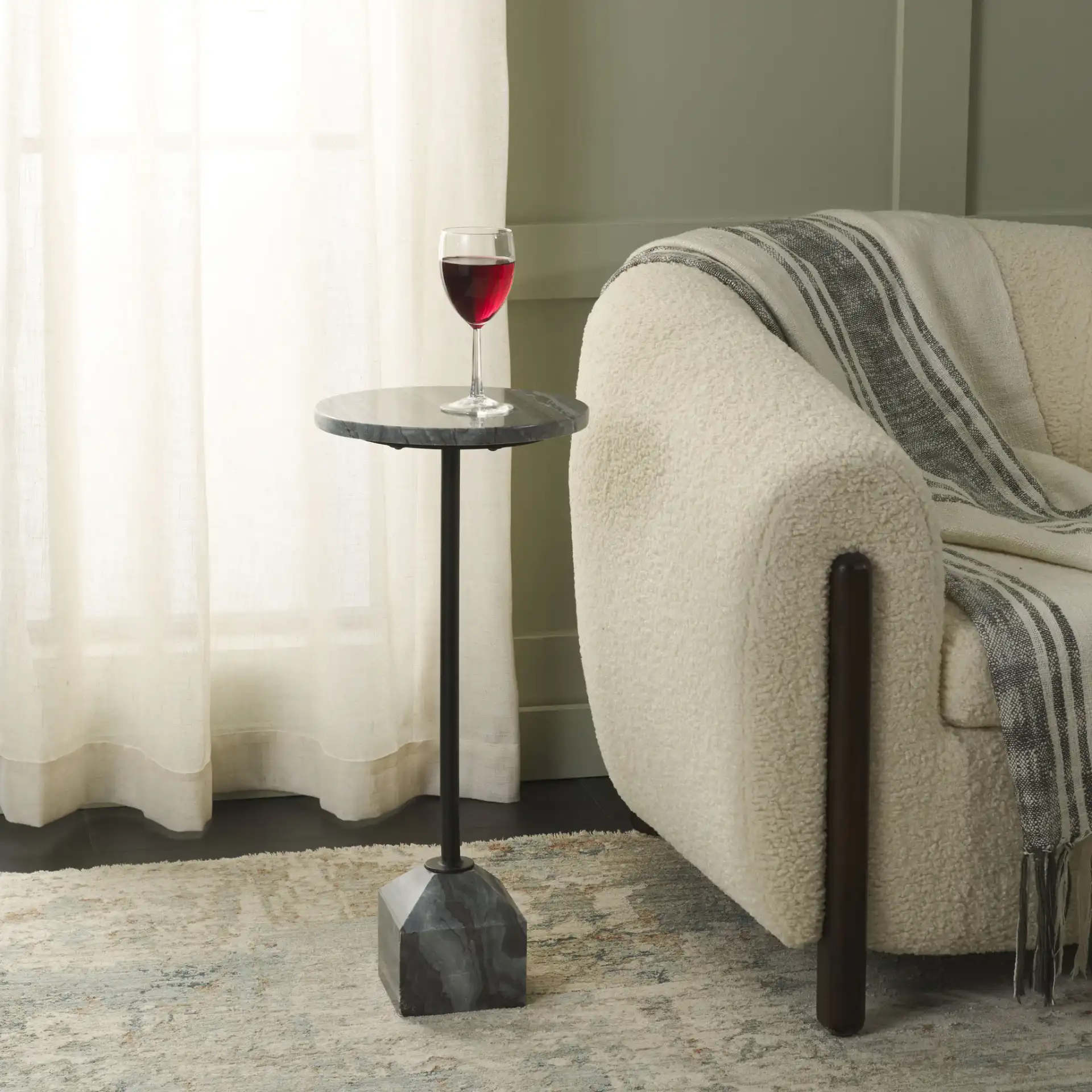 Sumer Drink Table in Gray Marble / Black in a styled room