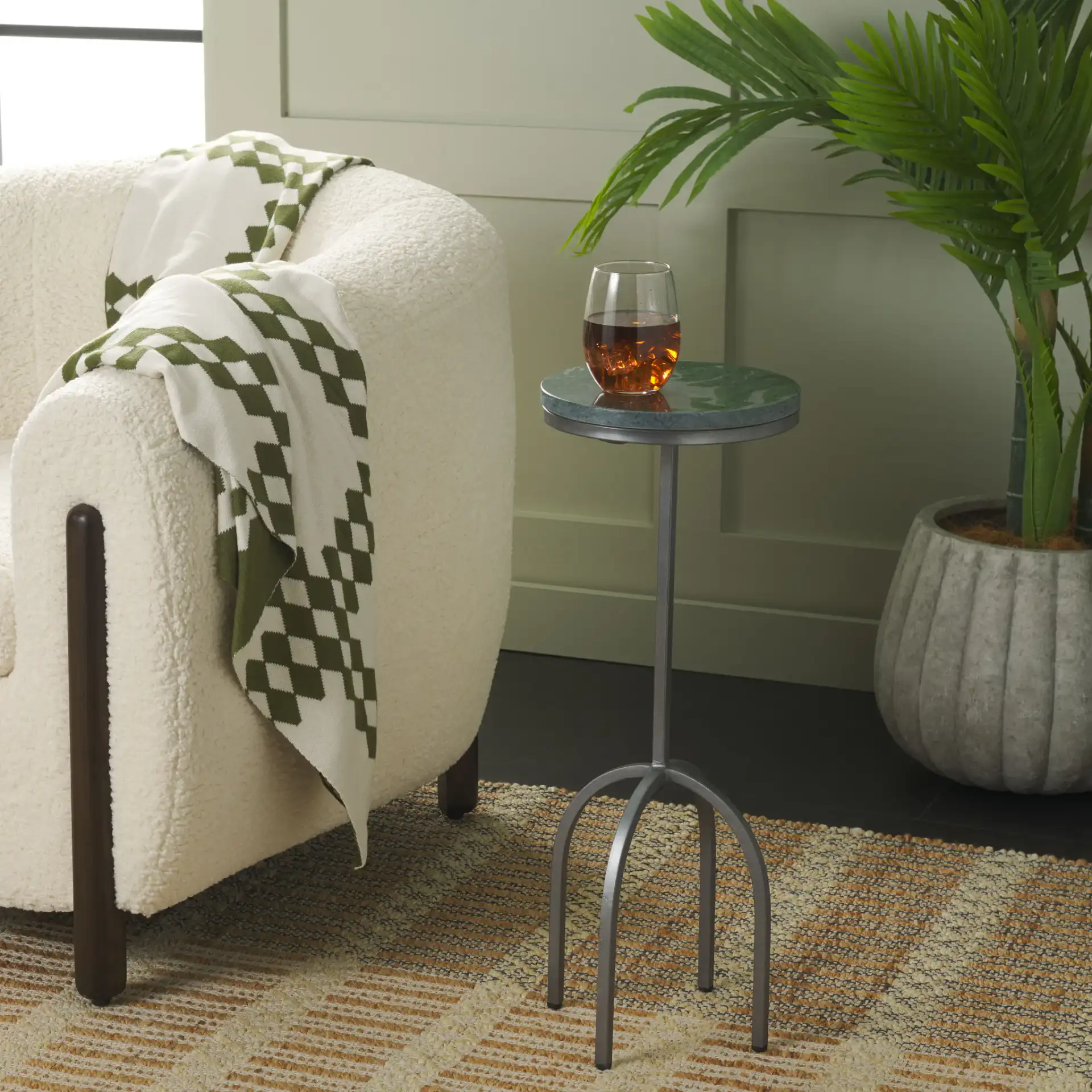 Arkan Drink Table in Green in a styled room