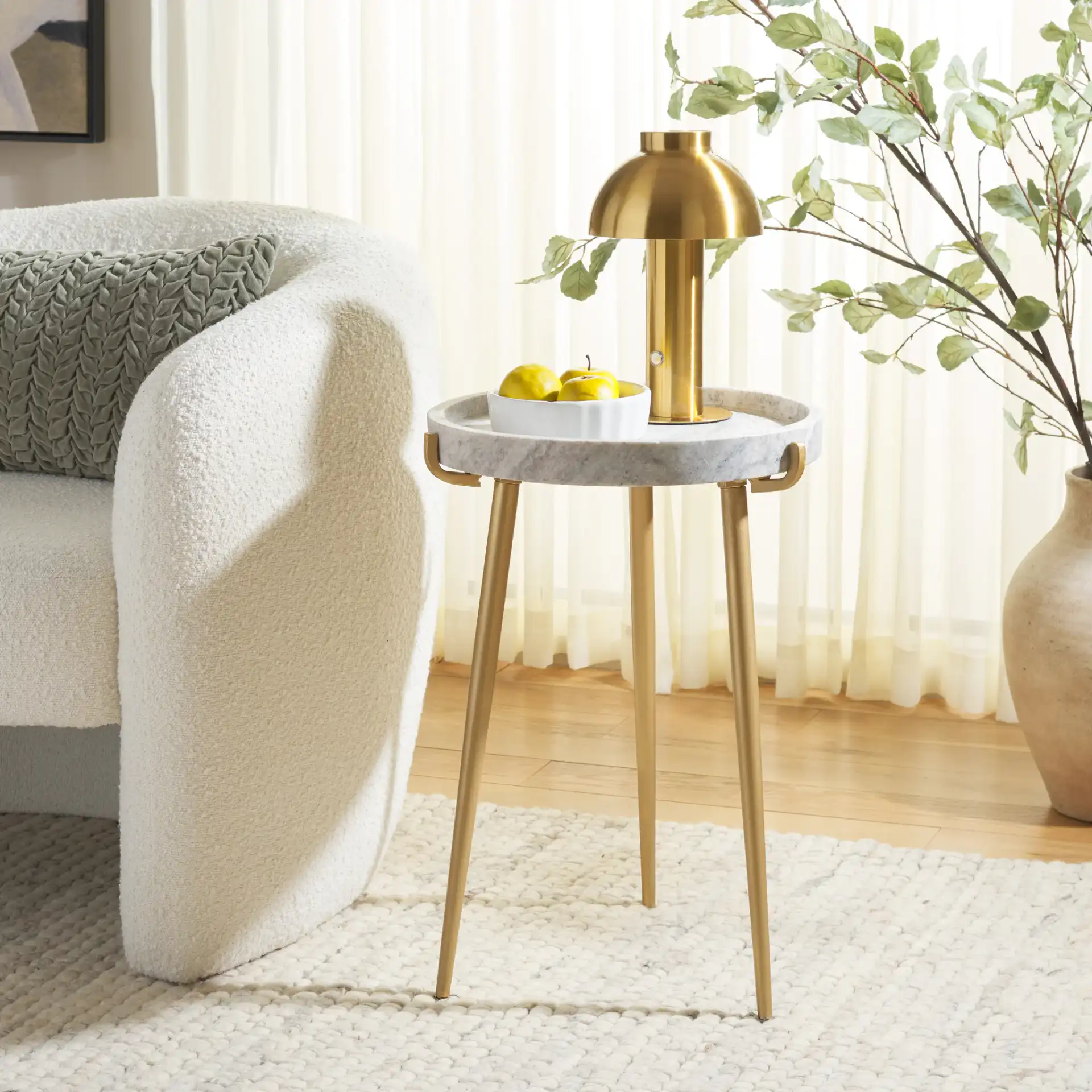 Bonn Marble Side Table in Brown Gray / Gold in a styled room