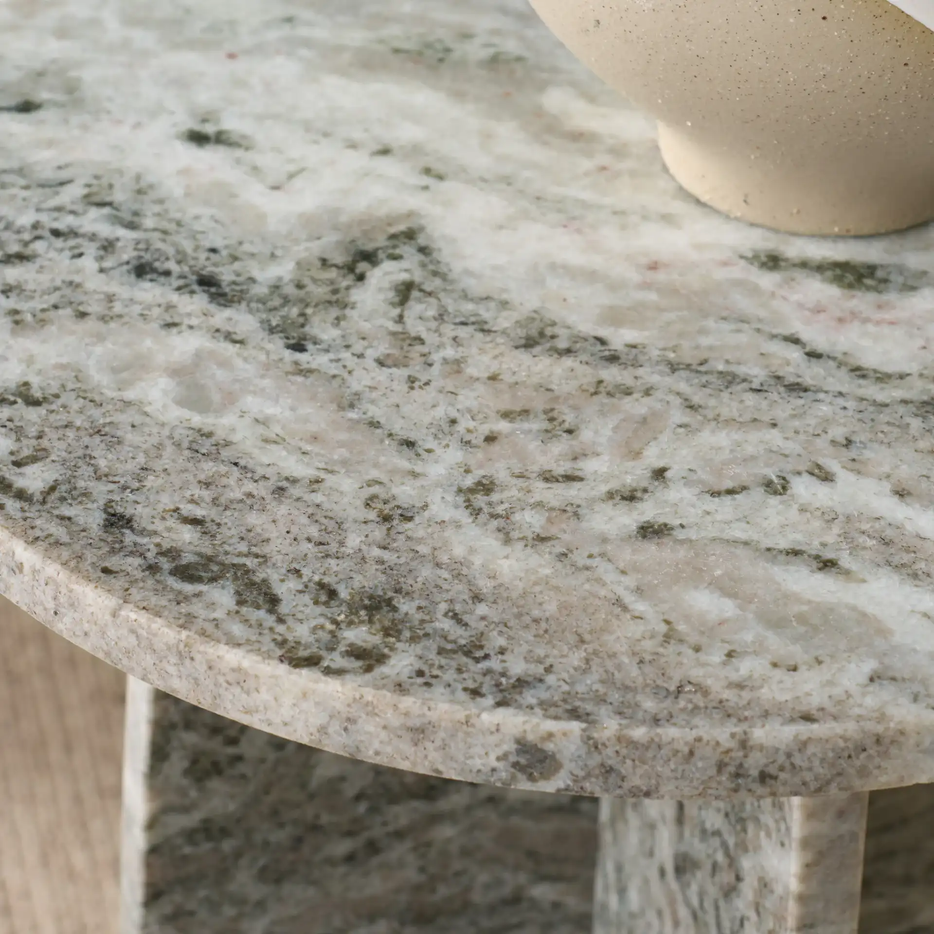 Mariabelle Marble Side Table in Gray / Green in a styled room
