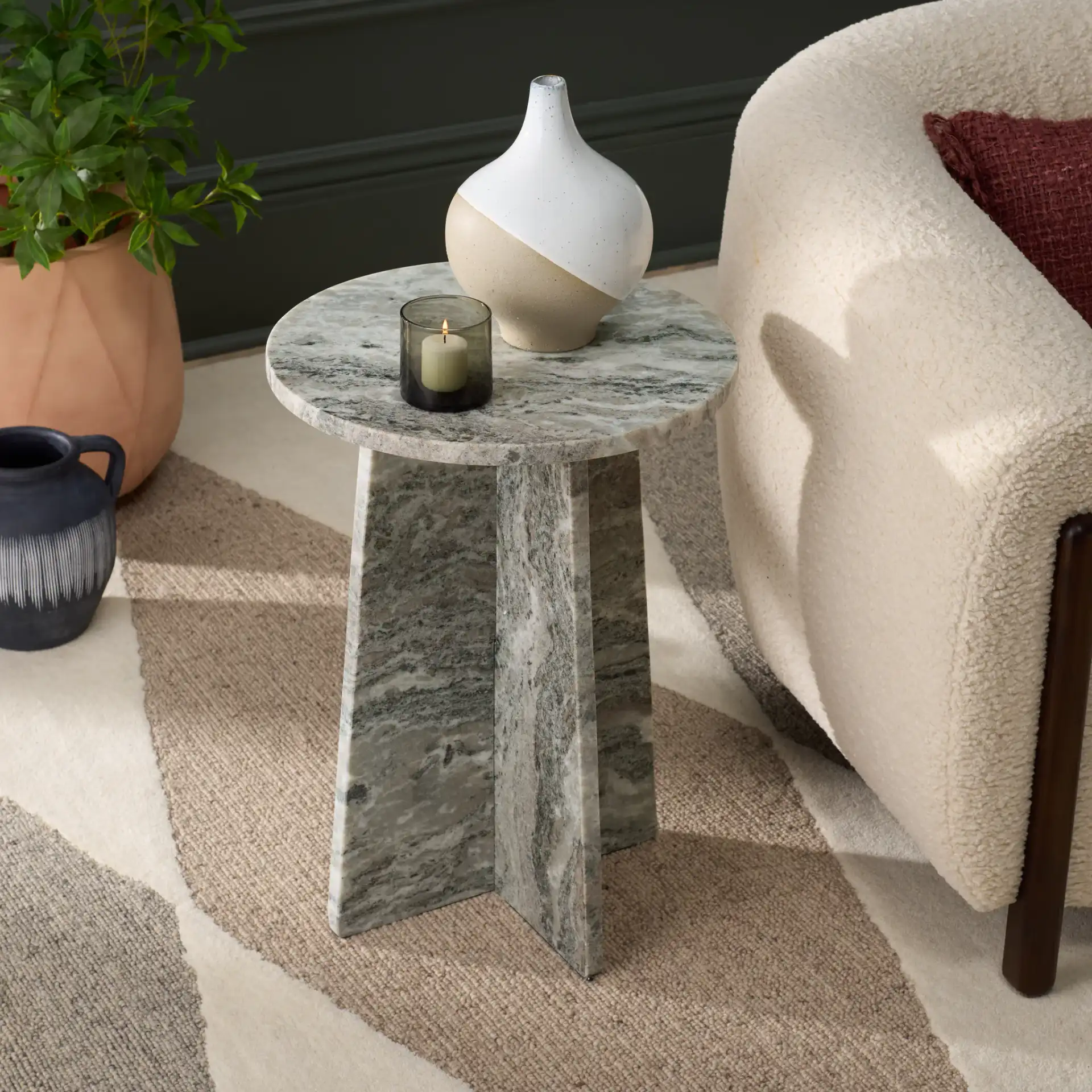 Mariabelle Marble Side Table in Gray / Green in a styled room