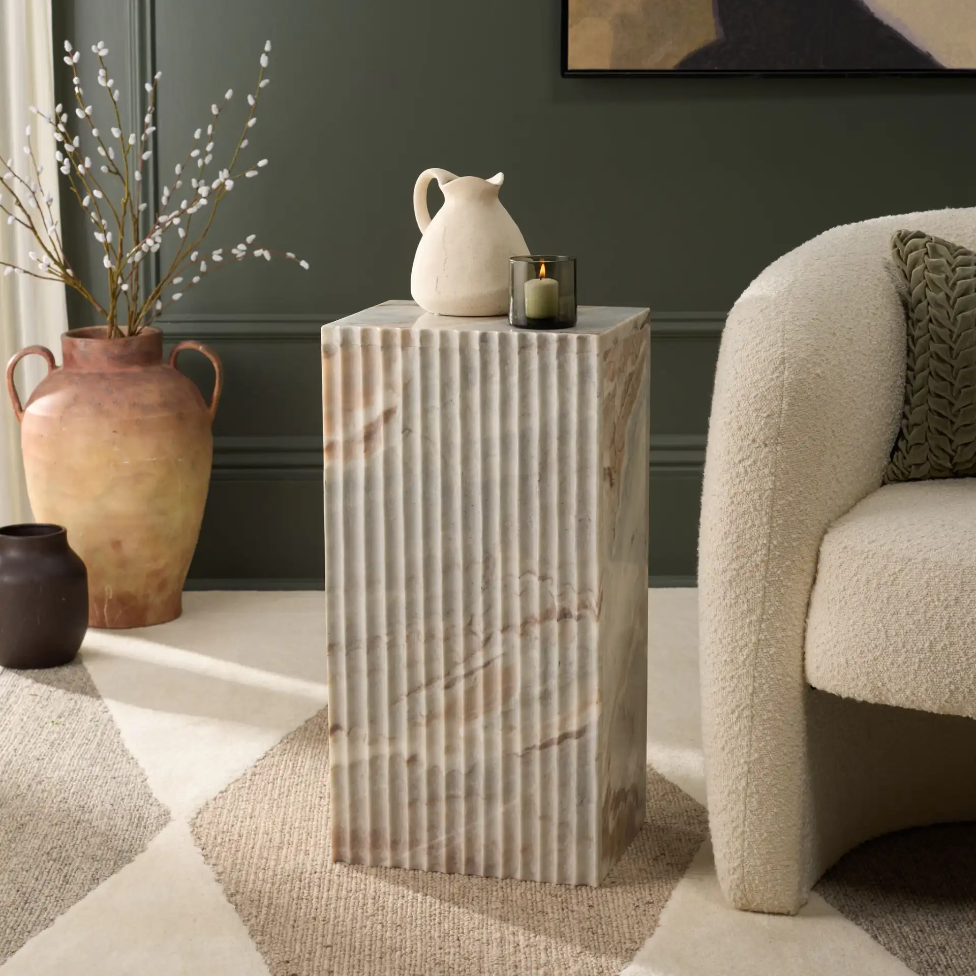 Abriana Marble Side Table in Brown / Gray in a styled room
