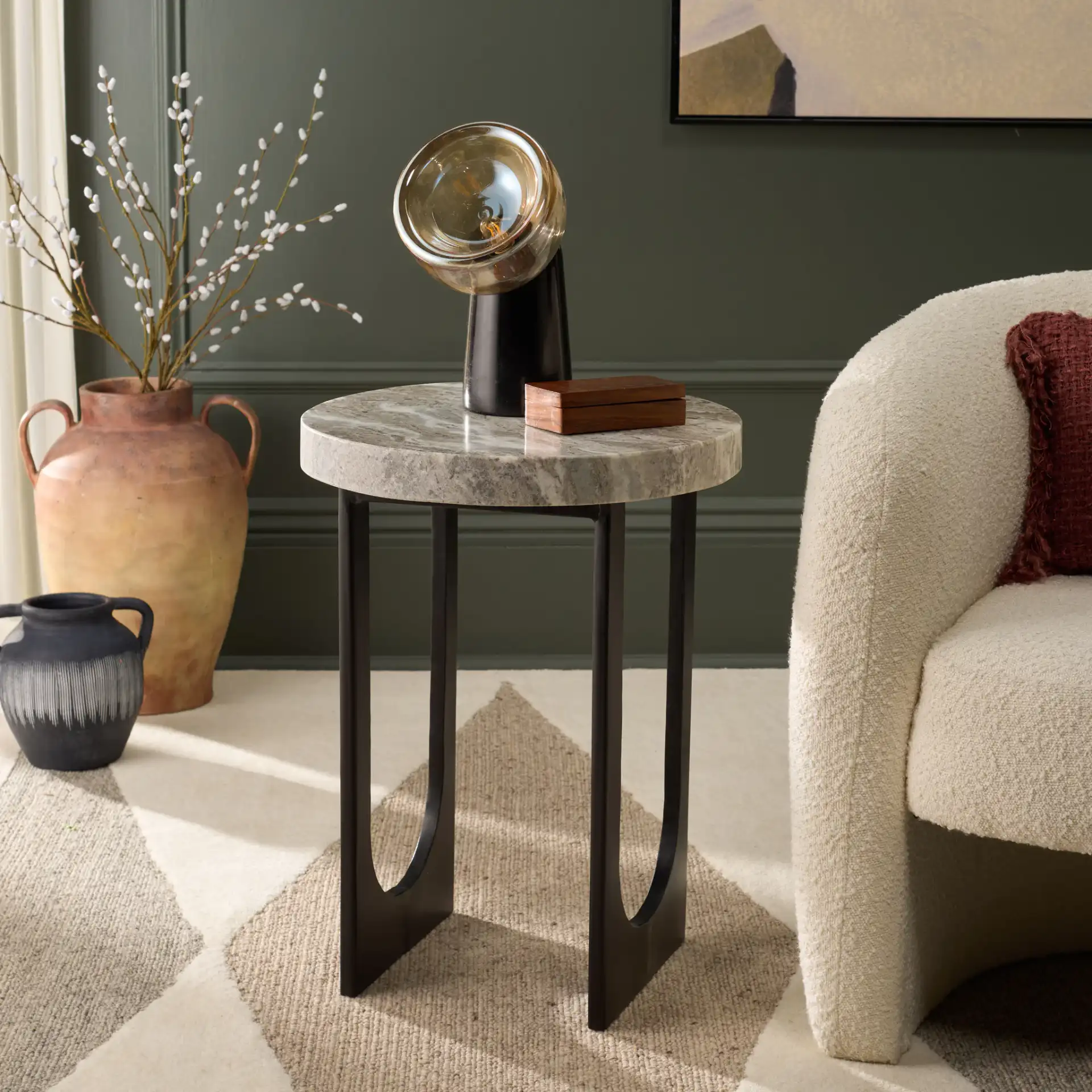Marasu Marble Side Table in Green Gray / Black in a styled room