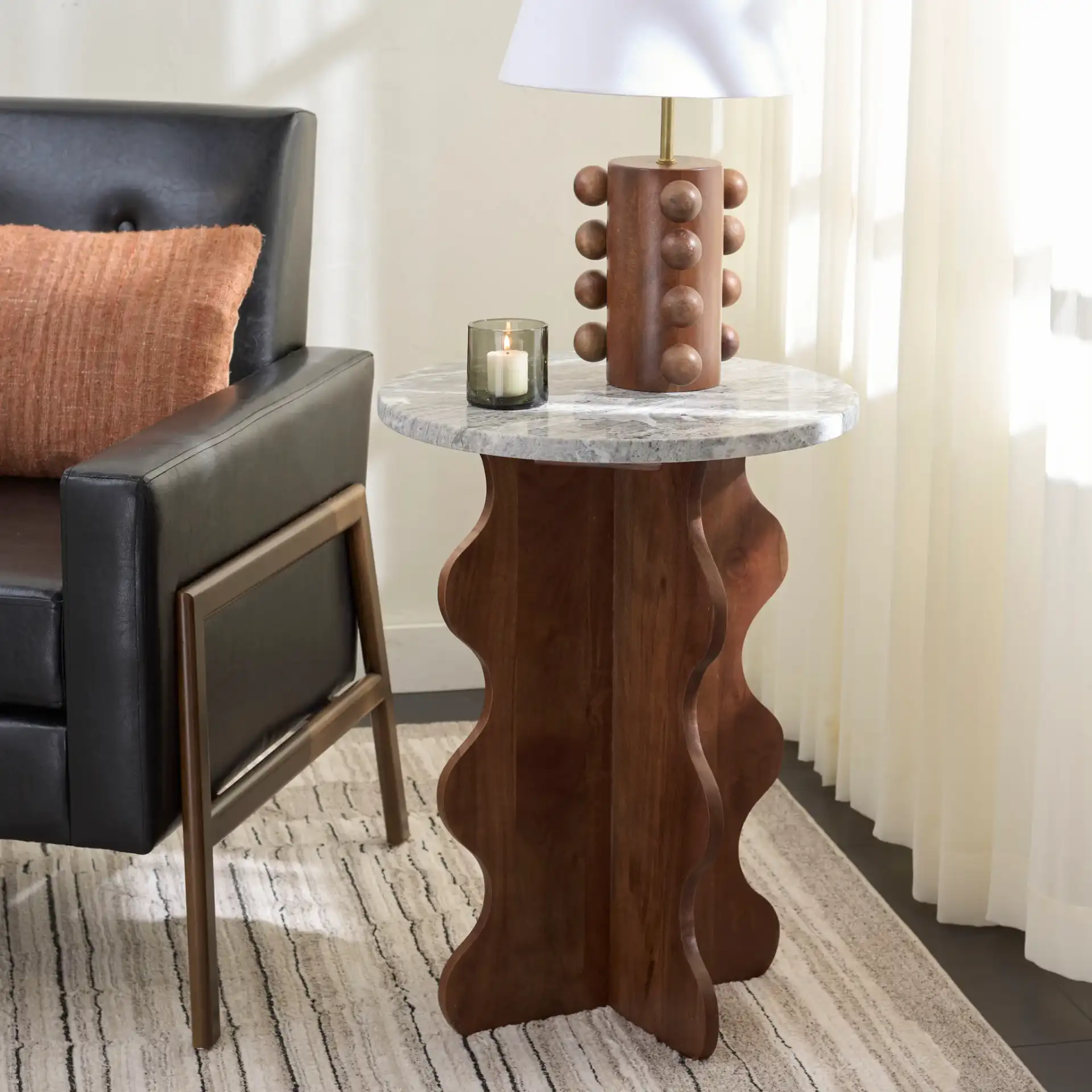 Galih Marble Side Table in Gray / Dark Brown in a styled room