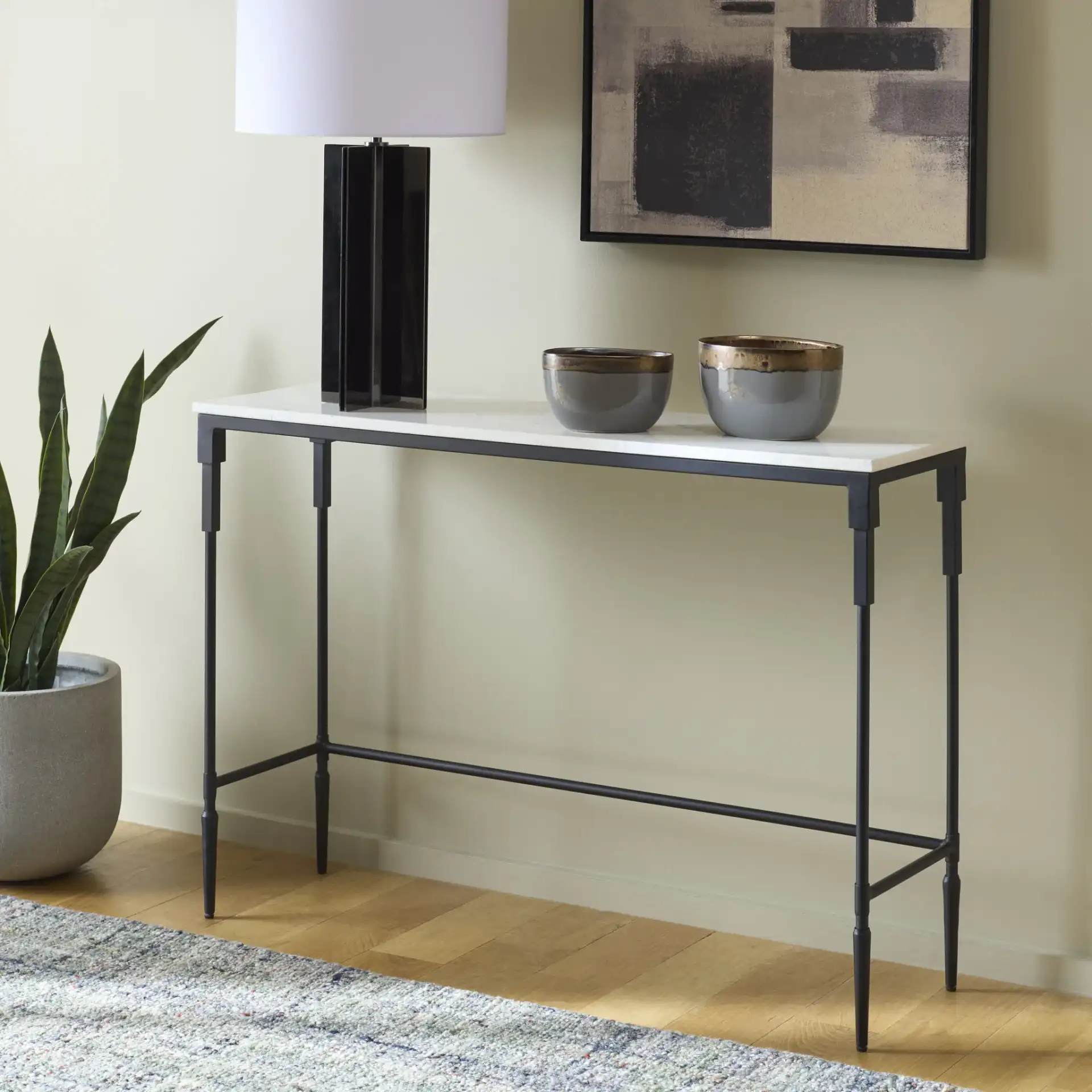 Brooke Marble Top Console Table in Black / White in a styled room