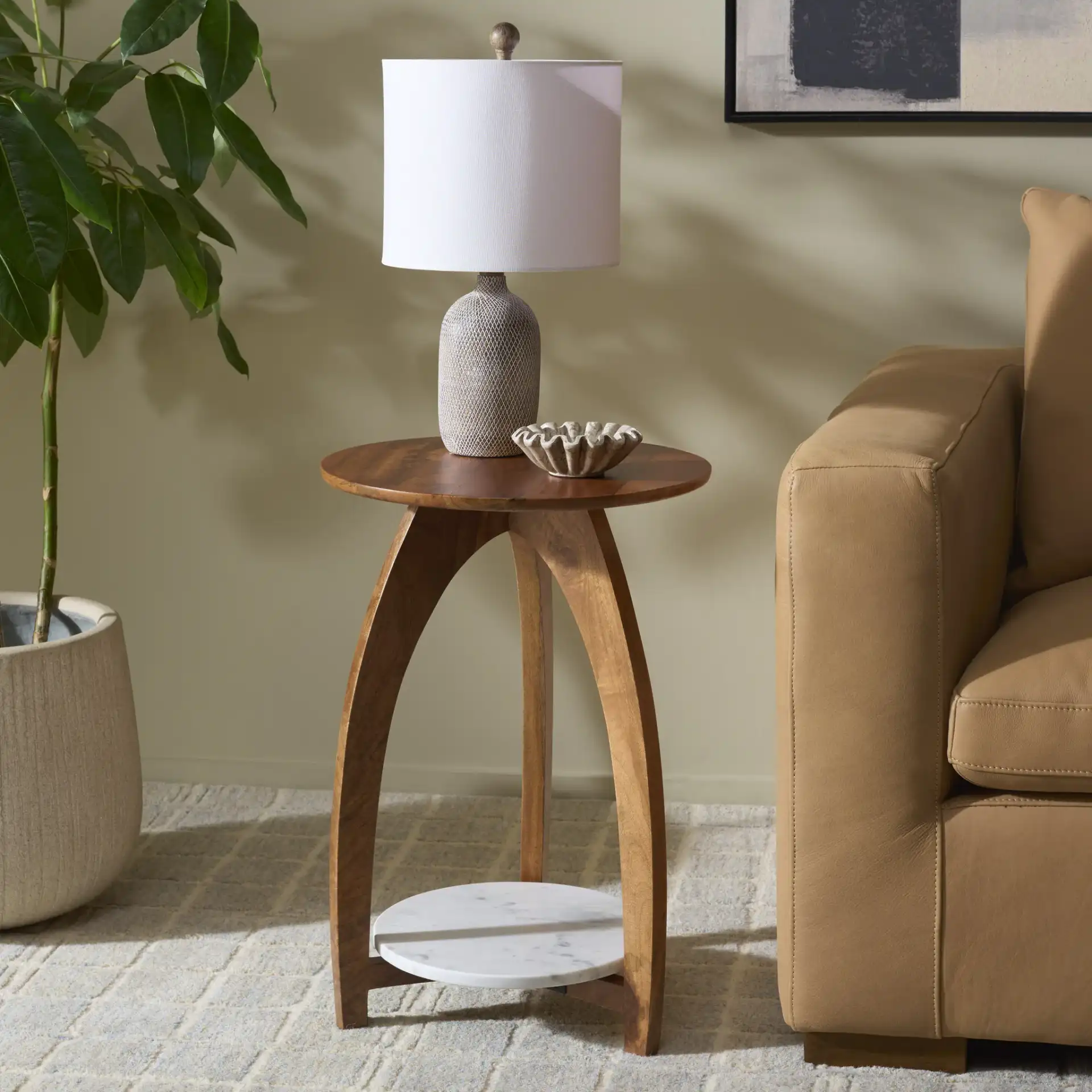 Fanny Accent Table With Shelf in Brown / White in a styled room
