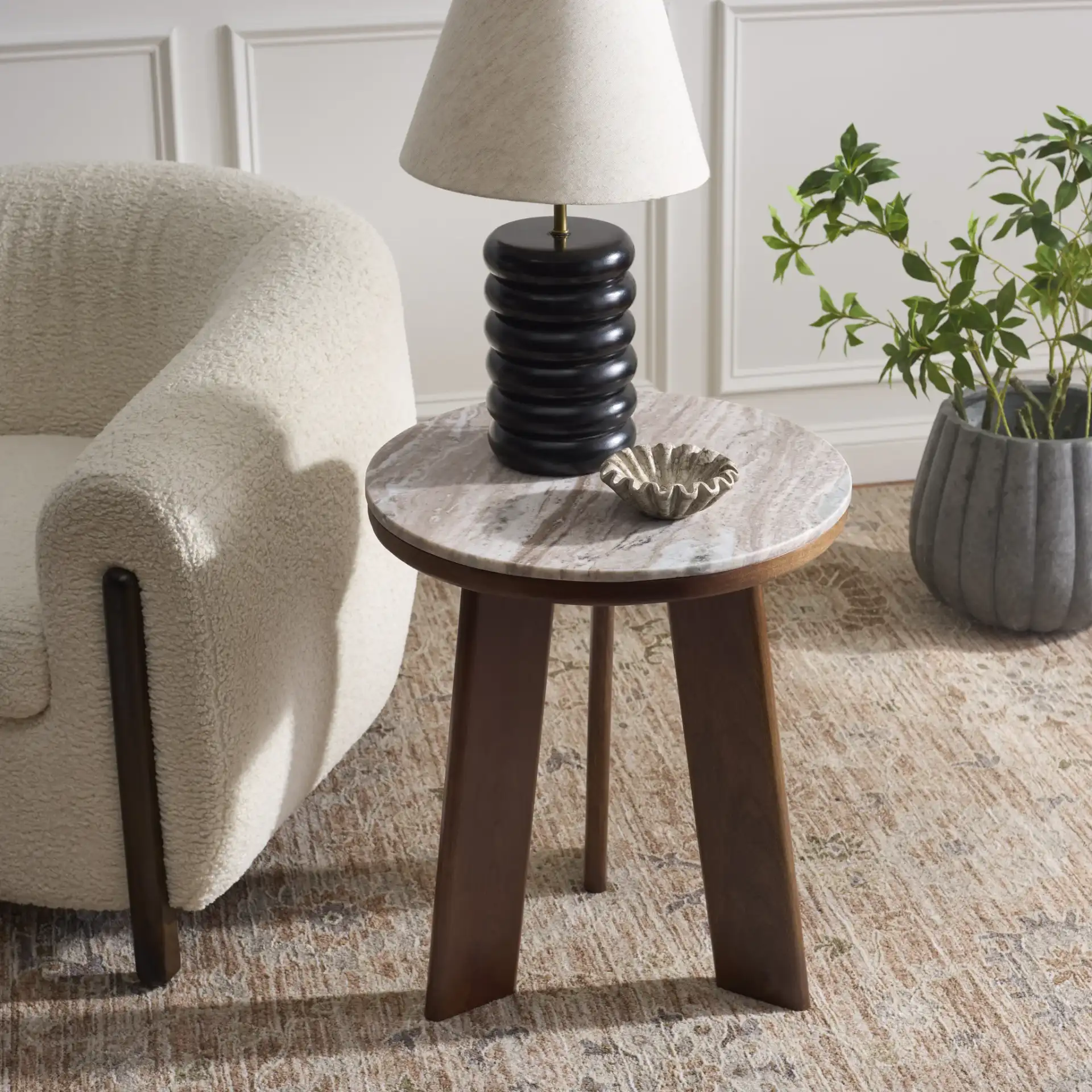 Celestia Accent Table in Brown in a styled room