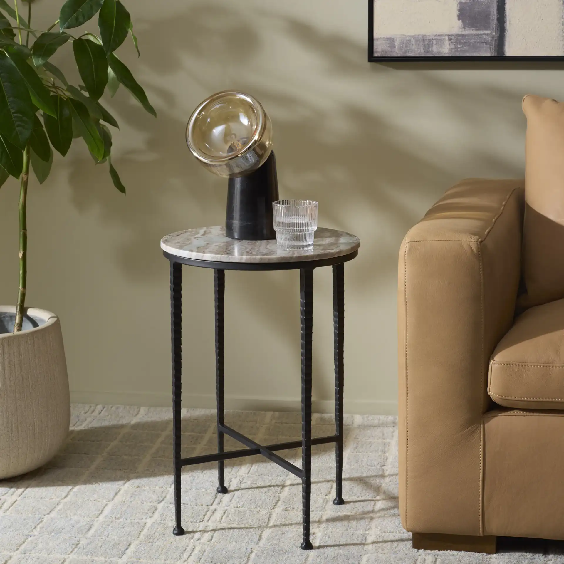 Izza Accent Table in Brown Marble / Black in a styled room