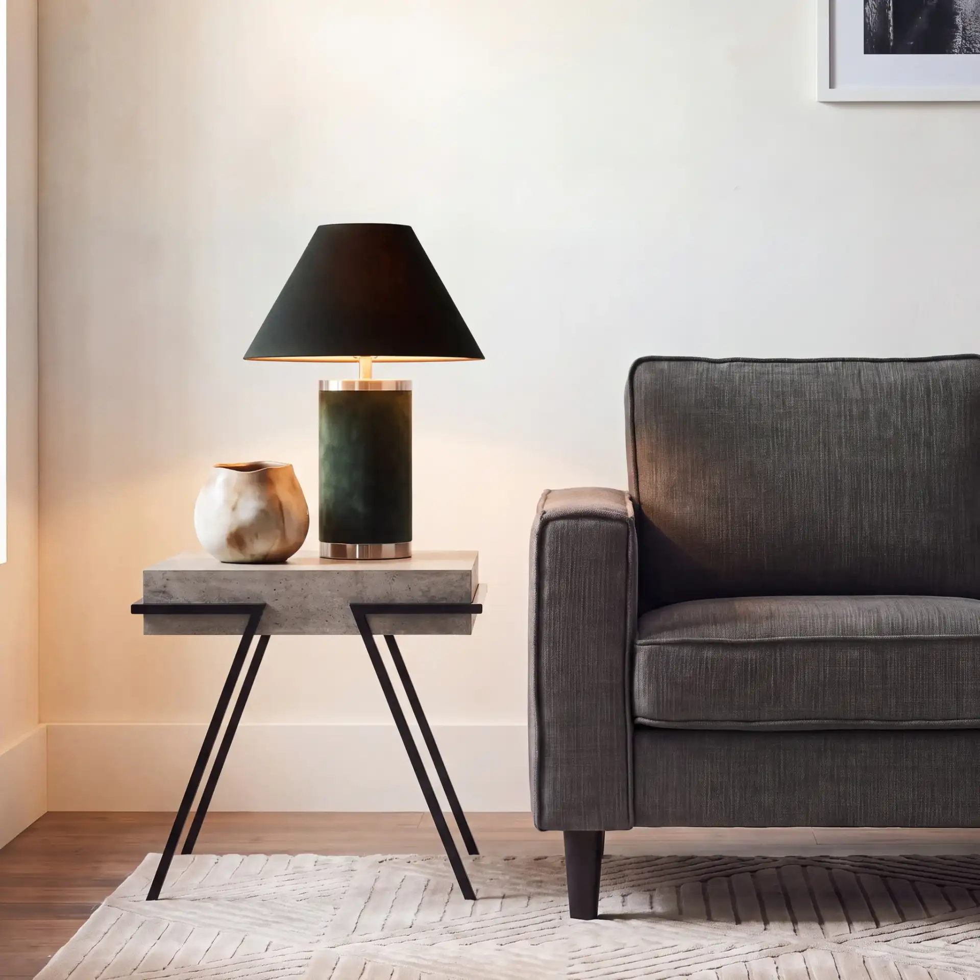 Jette Accent Table in Light Gray Faux Concrete / Black in a styled room
