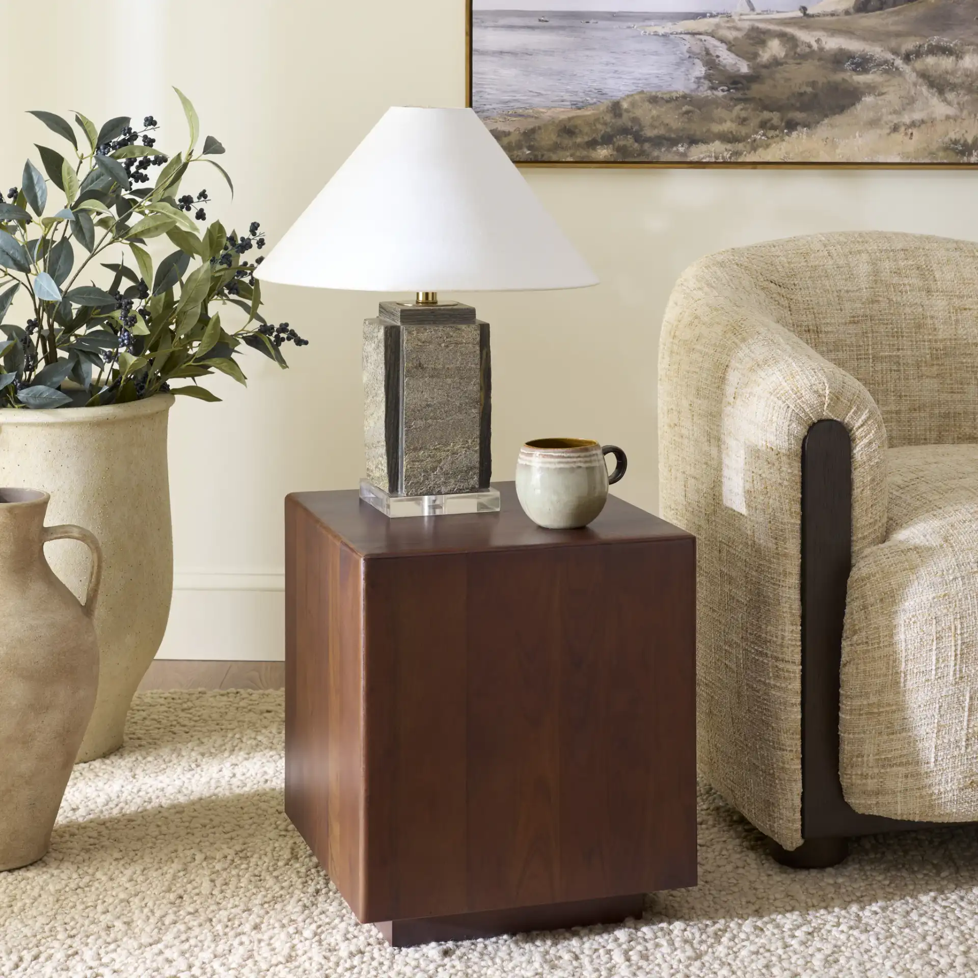 Nadezhada Square Accent Table in Dark Brown in a styled room