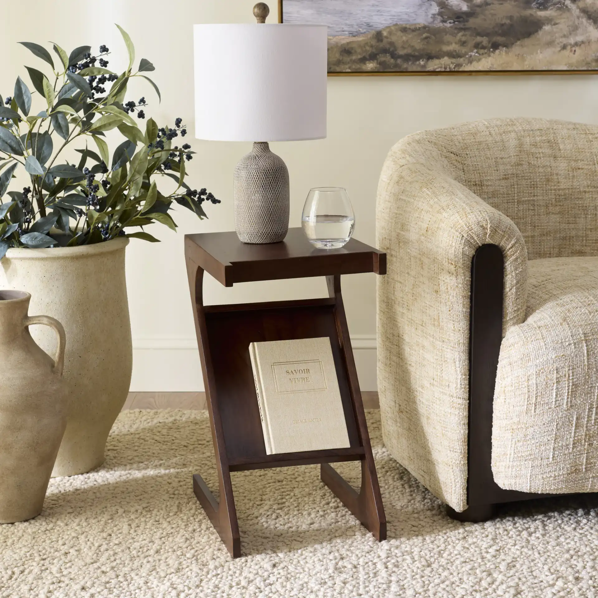 Zakhar Accent Table in Dark Brown in a styled room