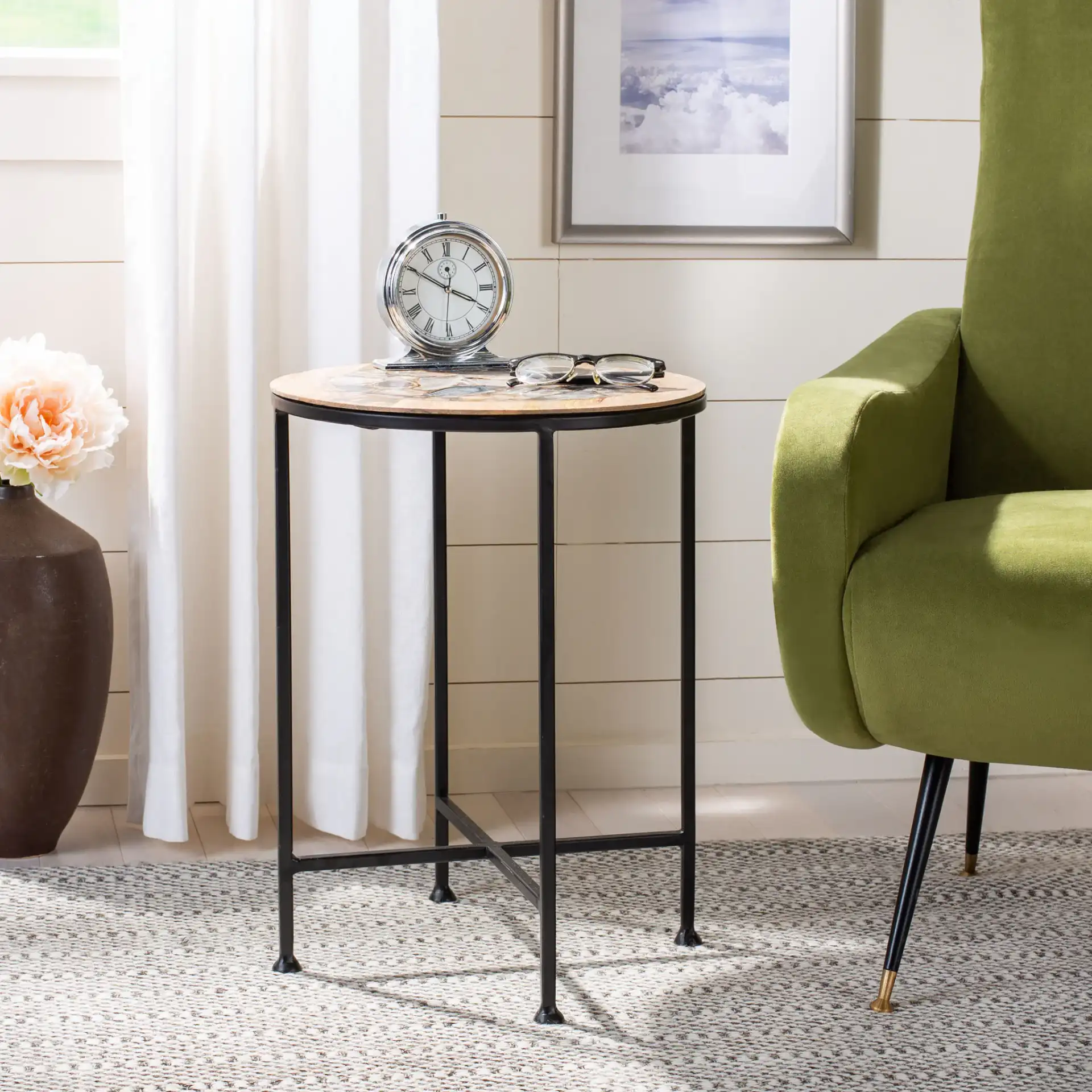 Lumi Agate Accent Table in Black Agate / Natural / Black in a styled room