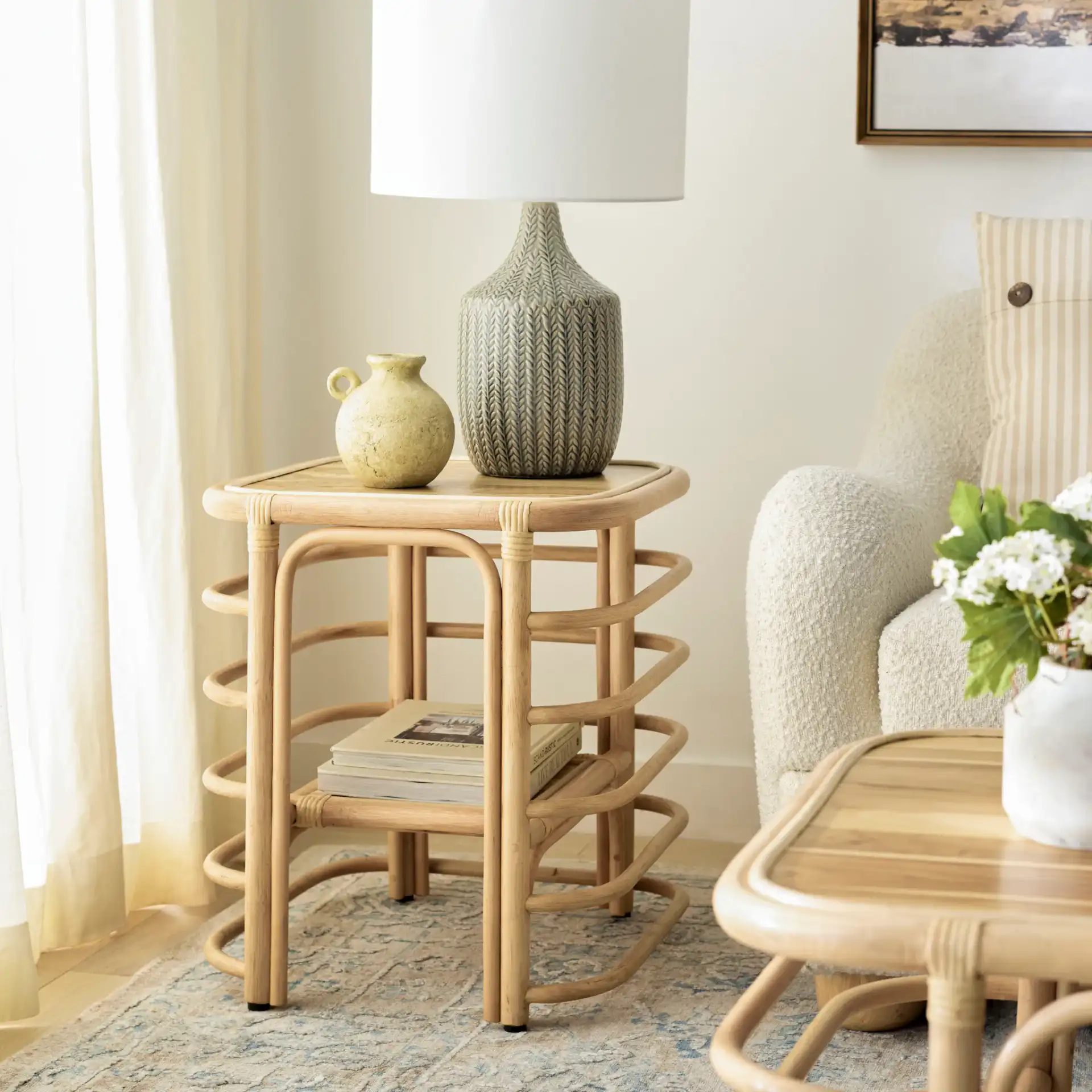 Maestro Accent Table in Natural in a styled room