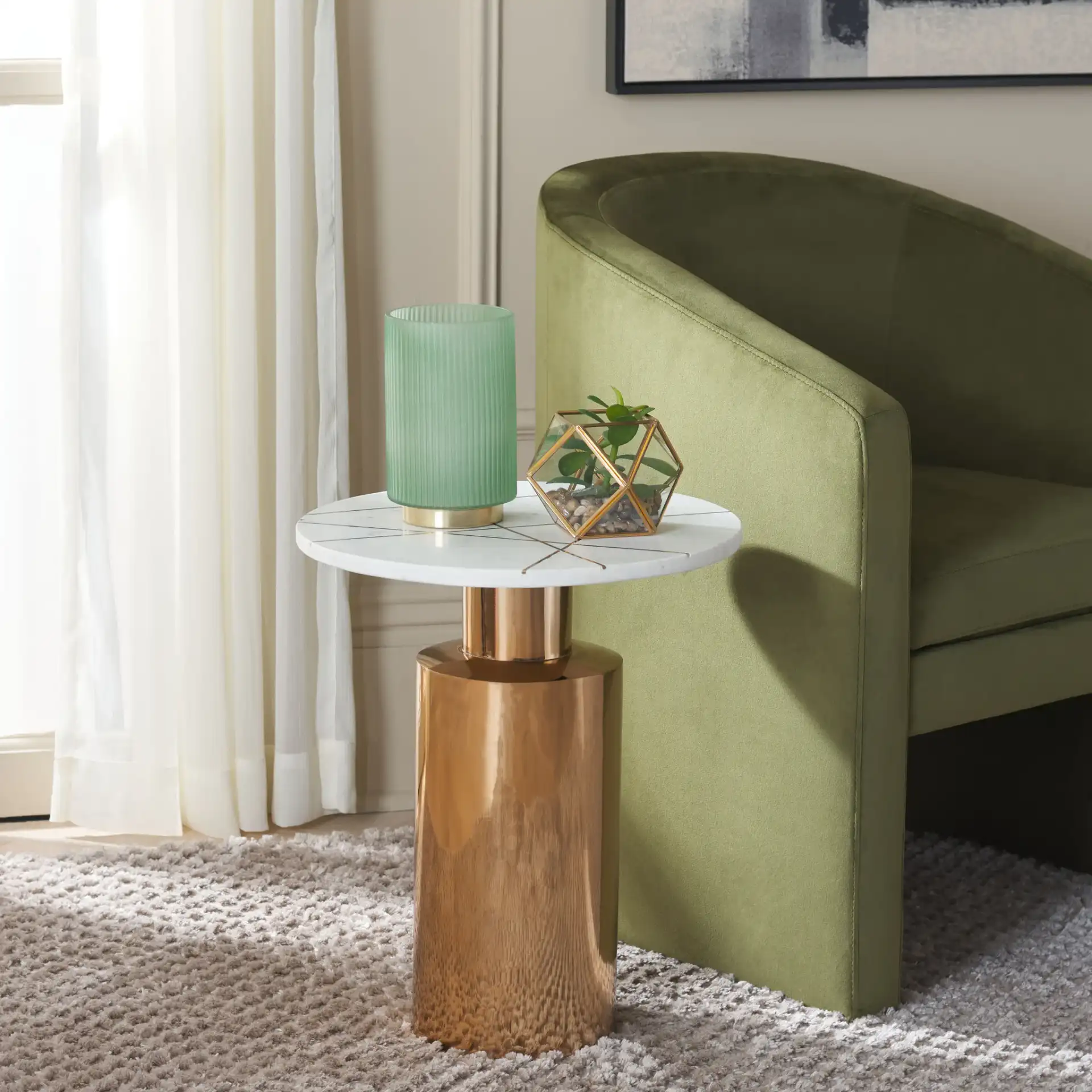 Capucine Side Table in Copper Marble / Copper in a styled room