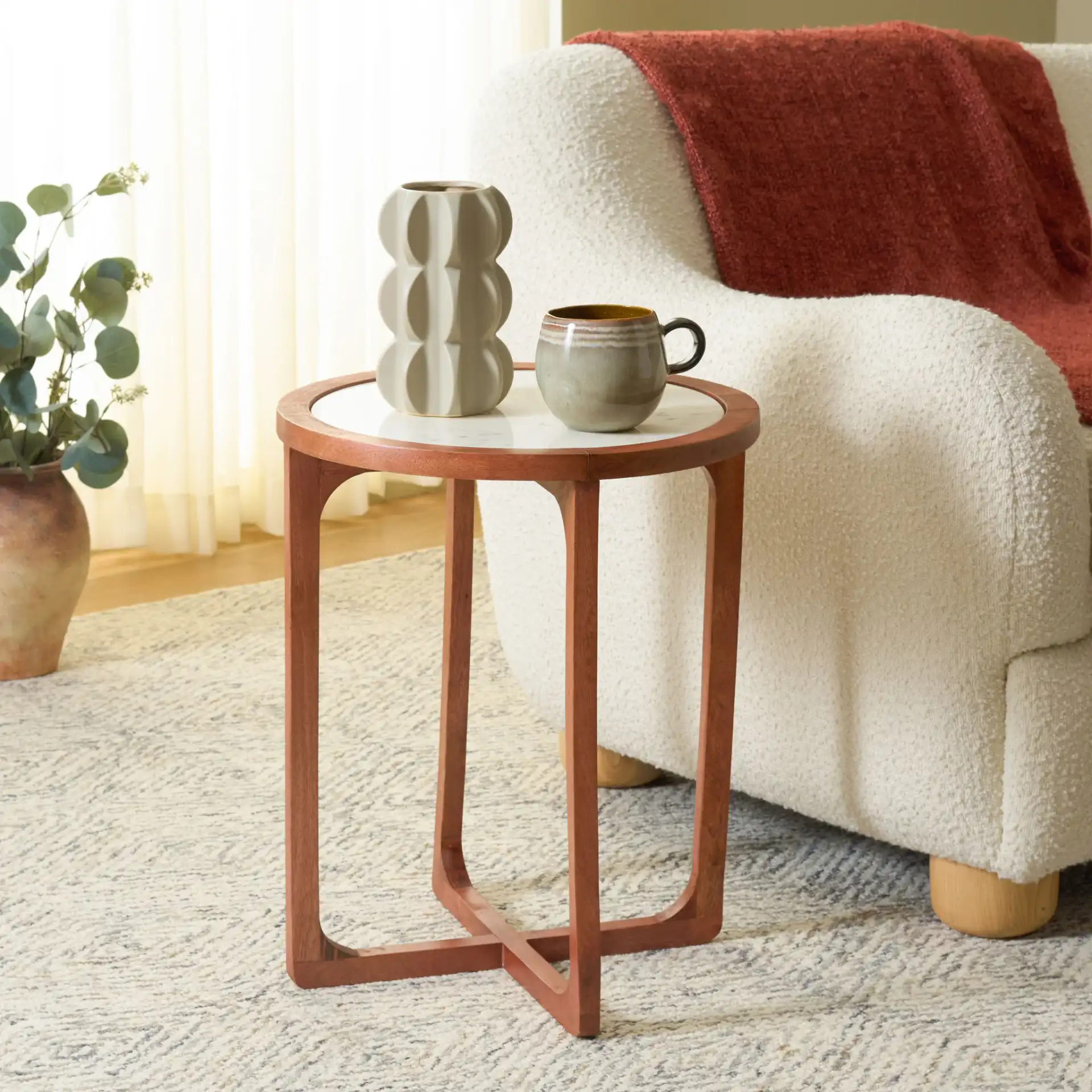Minori Marble Side Table in Walnut / White in a styled room
