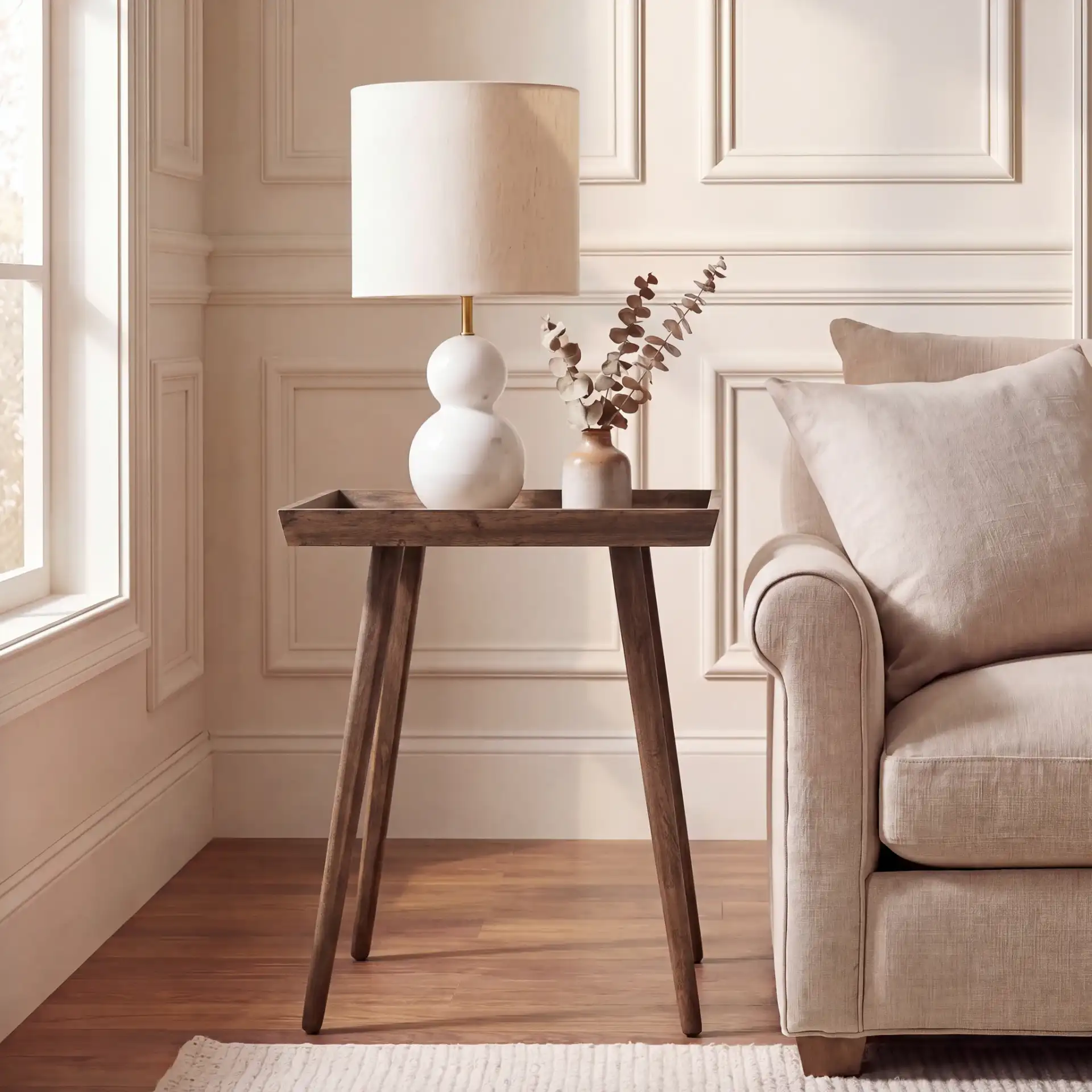 Nonie Tray Accent Table in Chocolate in a styled room