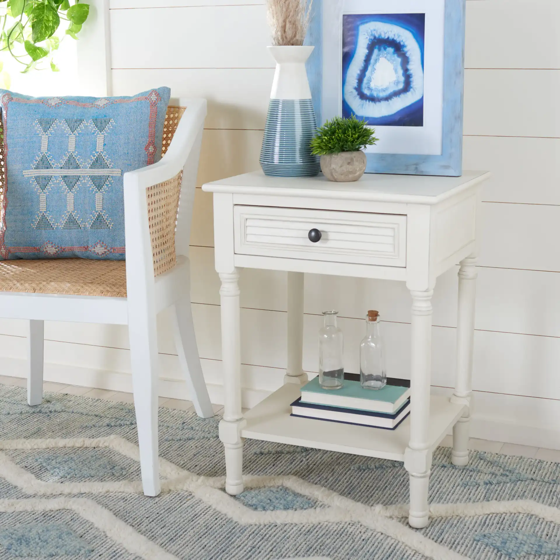 Tate One-Drawer Accent Table in Distressed White in a styled room