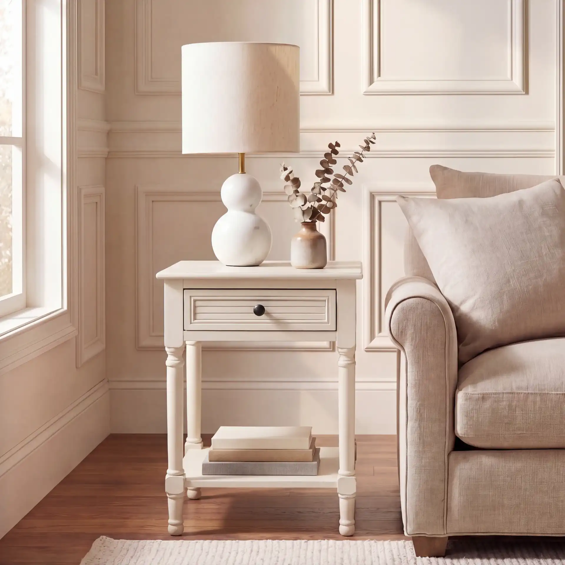 Tate One-Drawer Accent Table in Distressed White in a styled room