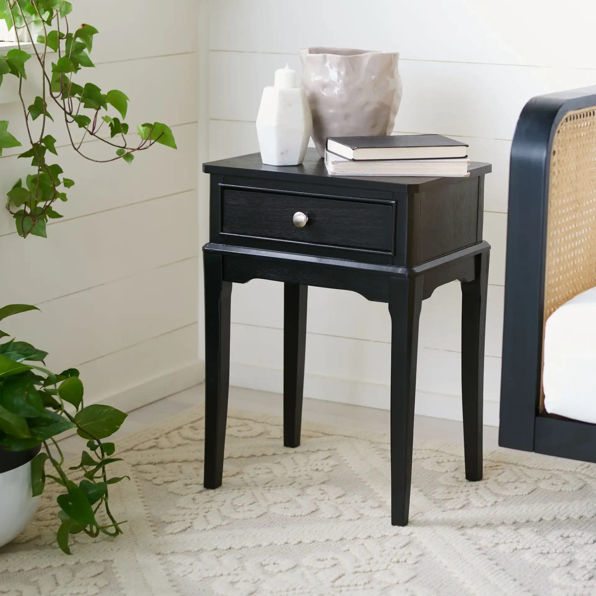 Opal One-Drawer Accent Table in Distressed White in a styled room