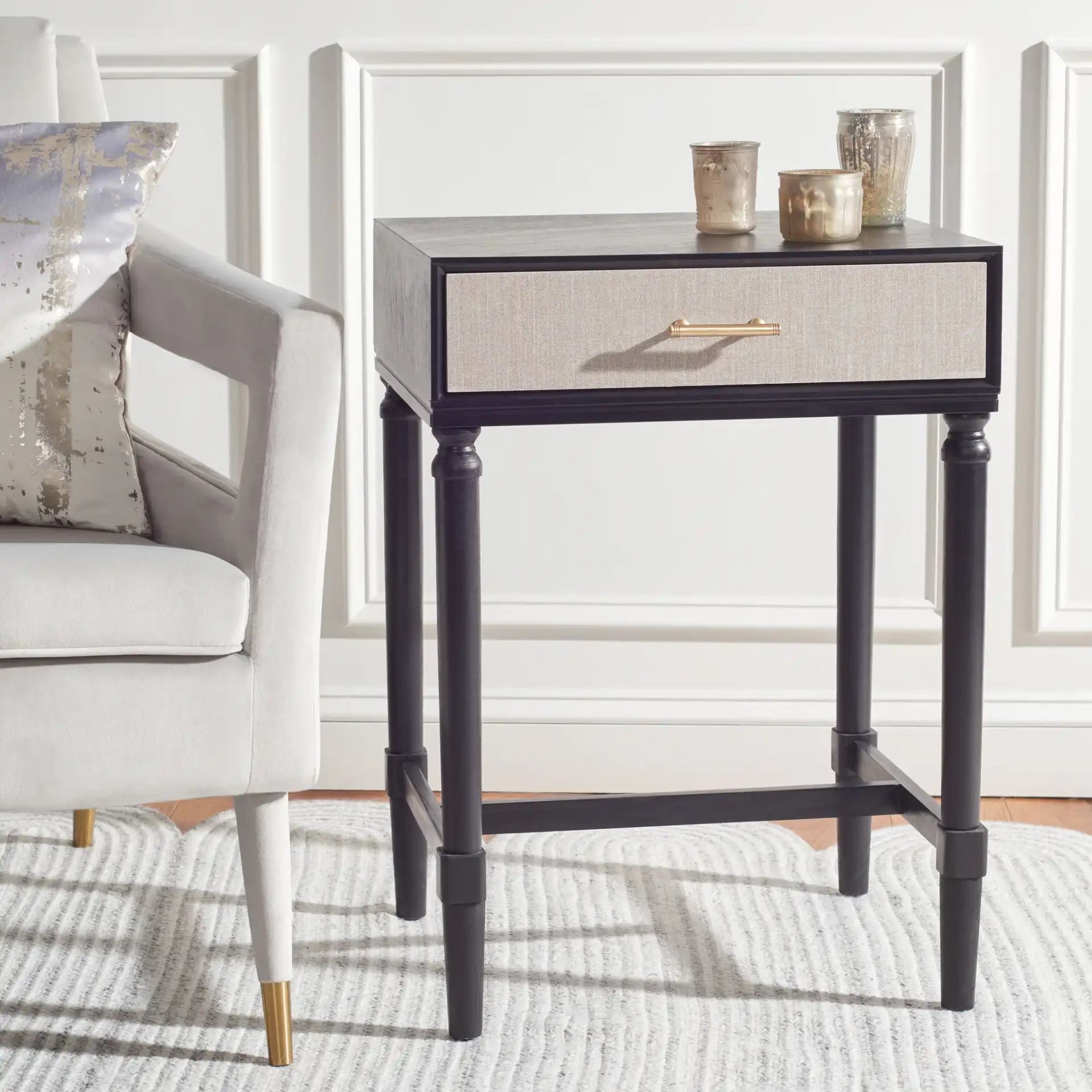 Estella One-Drawer Accent Table in Black in a styled room