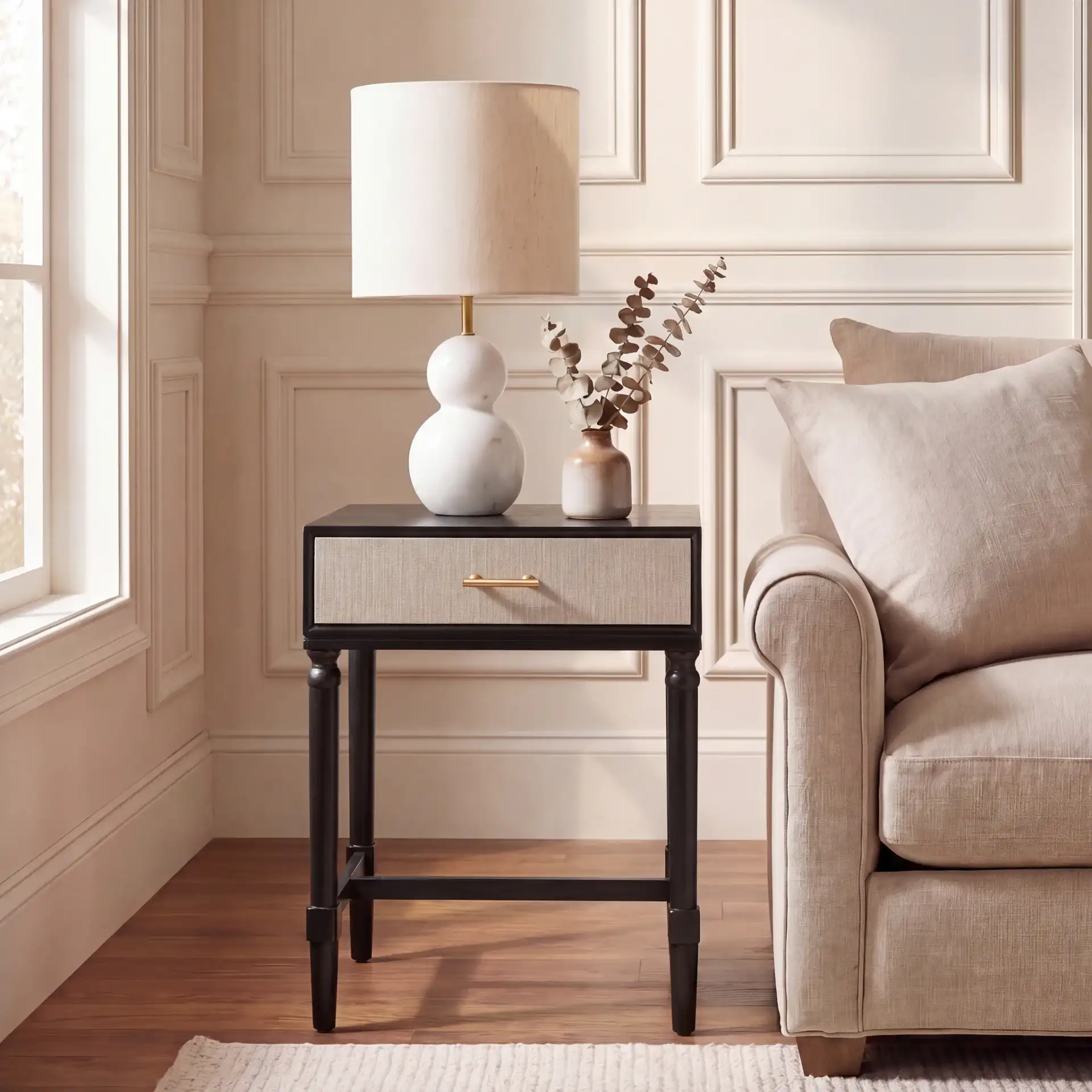 Estella One-Drawer Accent Table in Black in a styled room