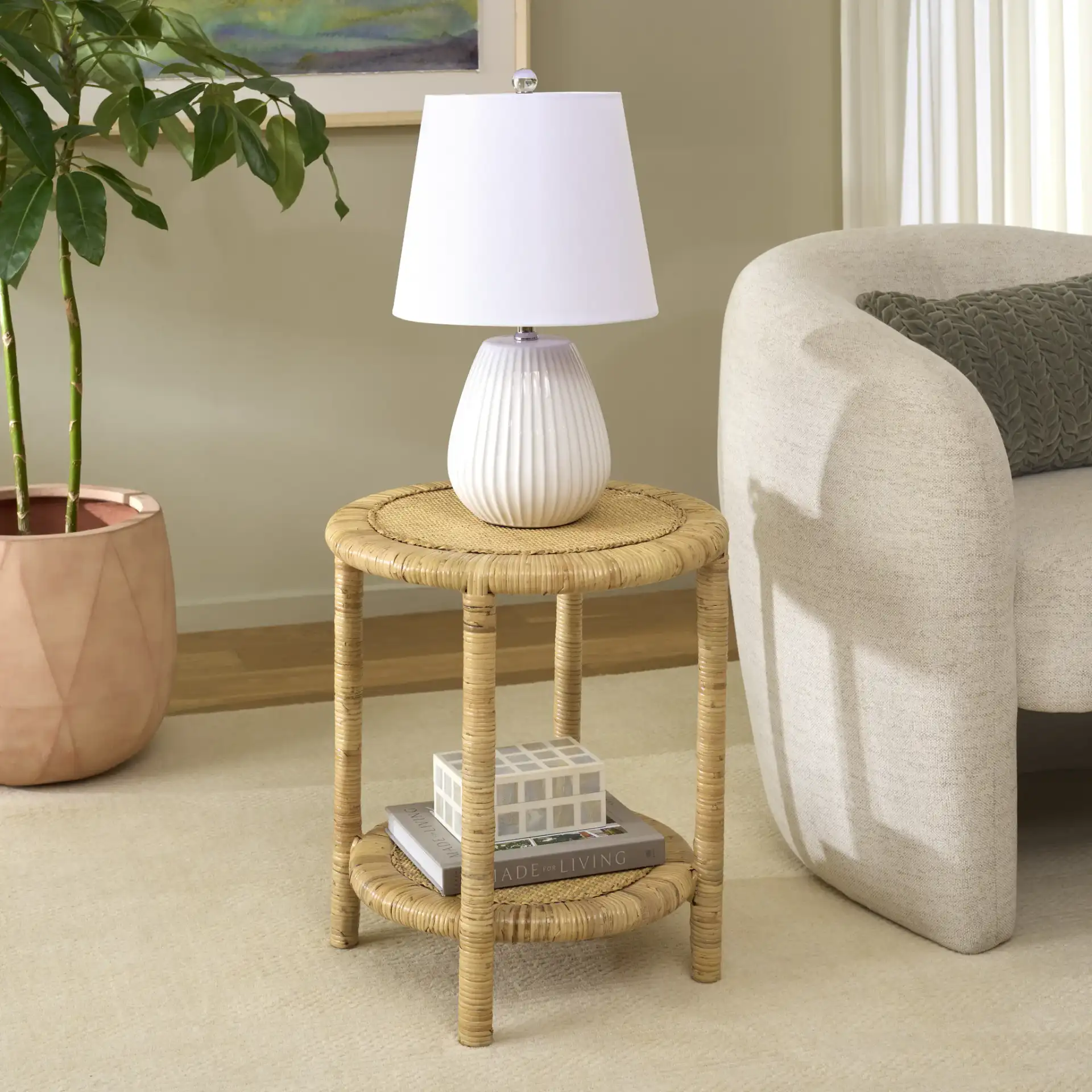 Akane Accent Table With Shelf in Natural in a styled room