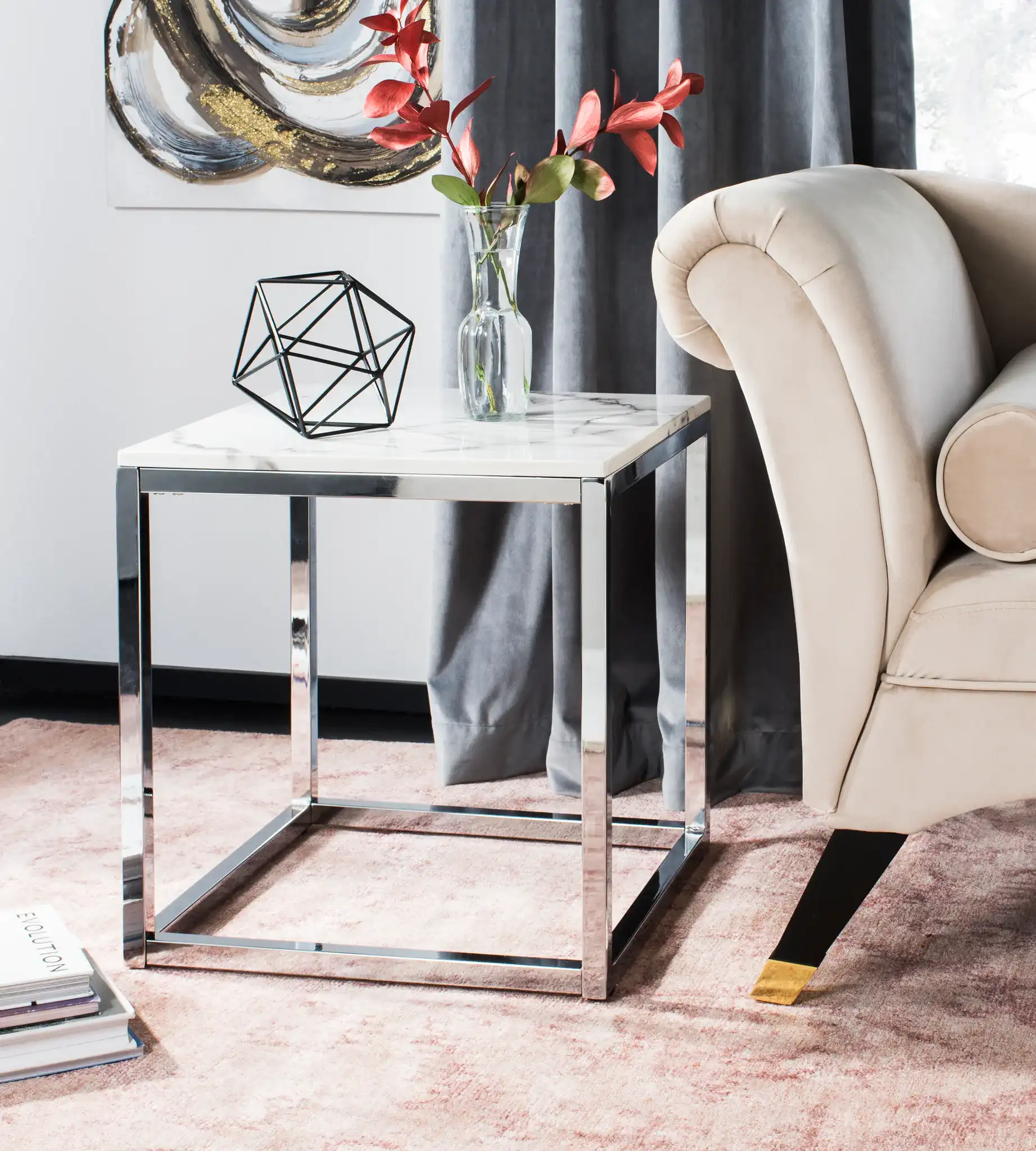 Bethany Square End Table in White / Chrome in a styled room