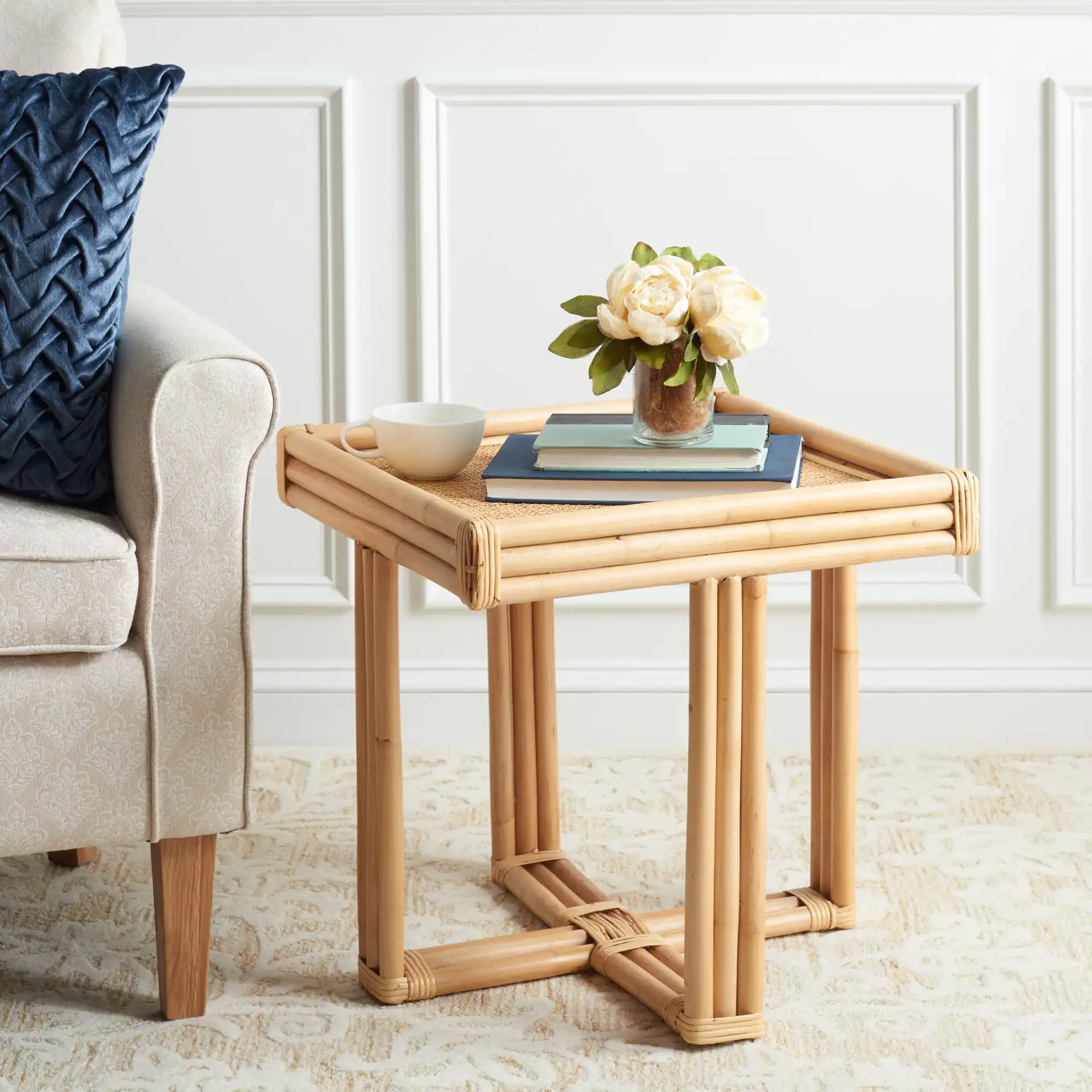 Juri Square Accent Table in Natural in a styled room
