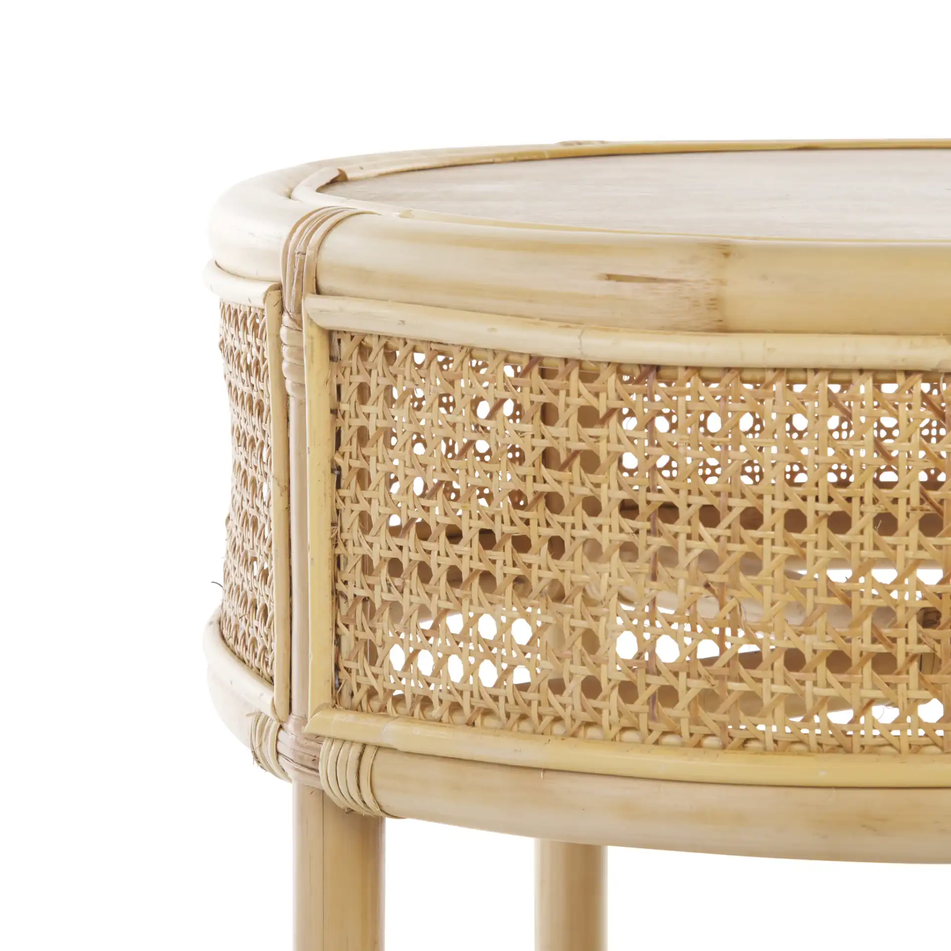 Arvid Round Accent Table in Natural in a styled room
