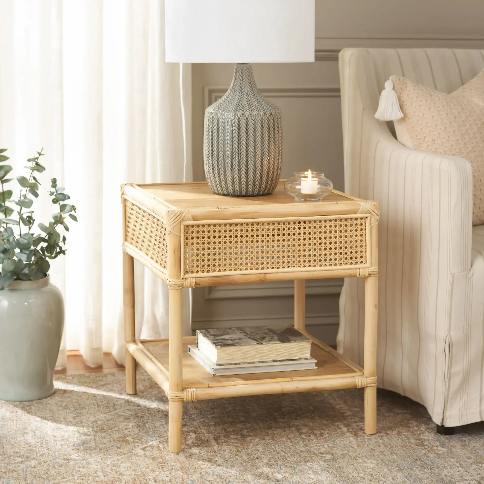 Arvid Square Accent Table in Natural in a styled room