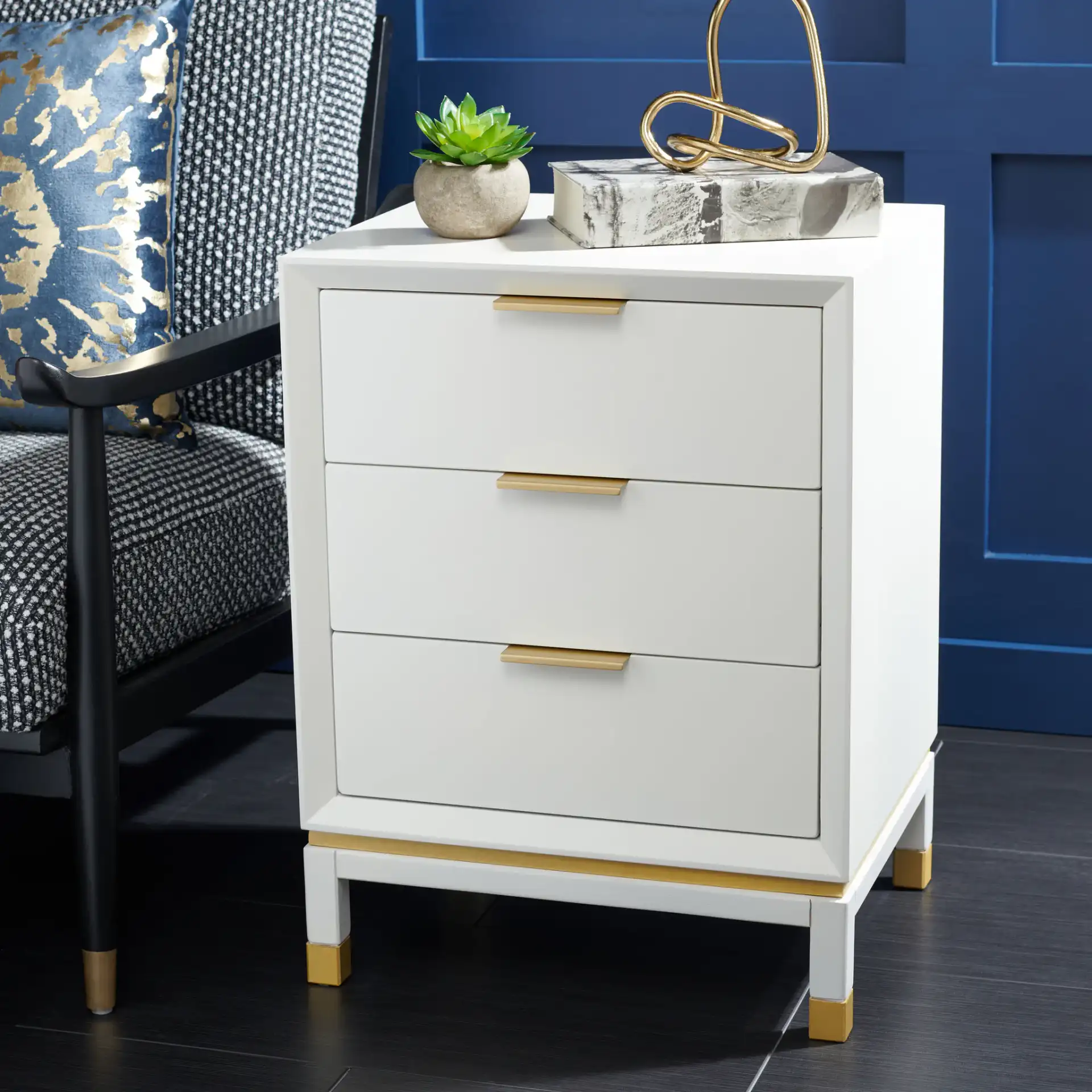 Baskin Three-Drawer Accent Table in White in a styled room