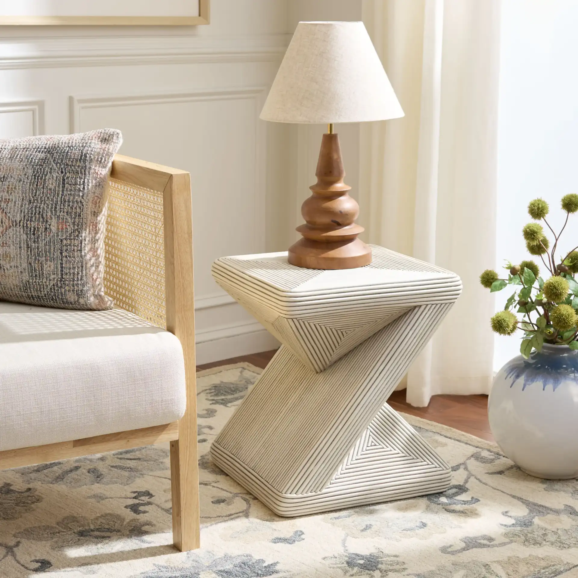 Matvey Accent Table in White Washed in a styled room