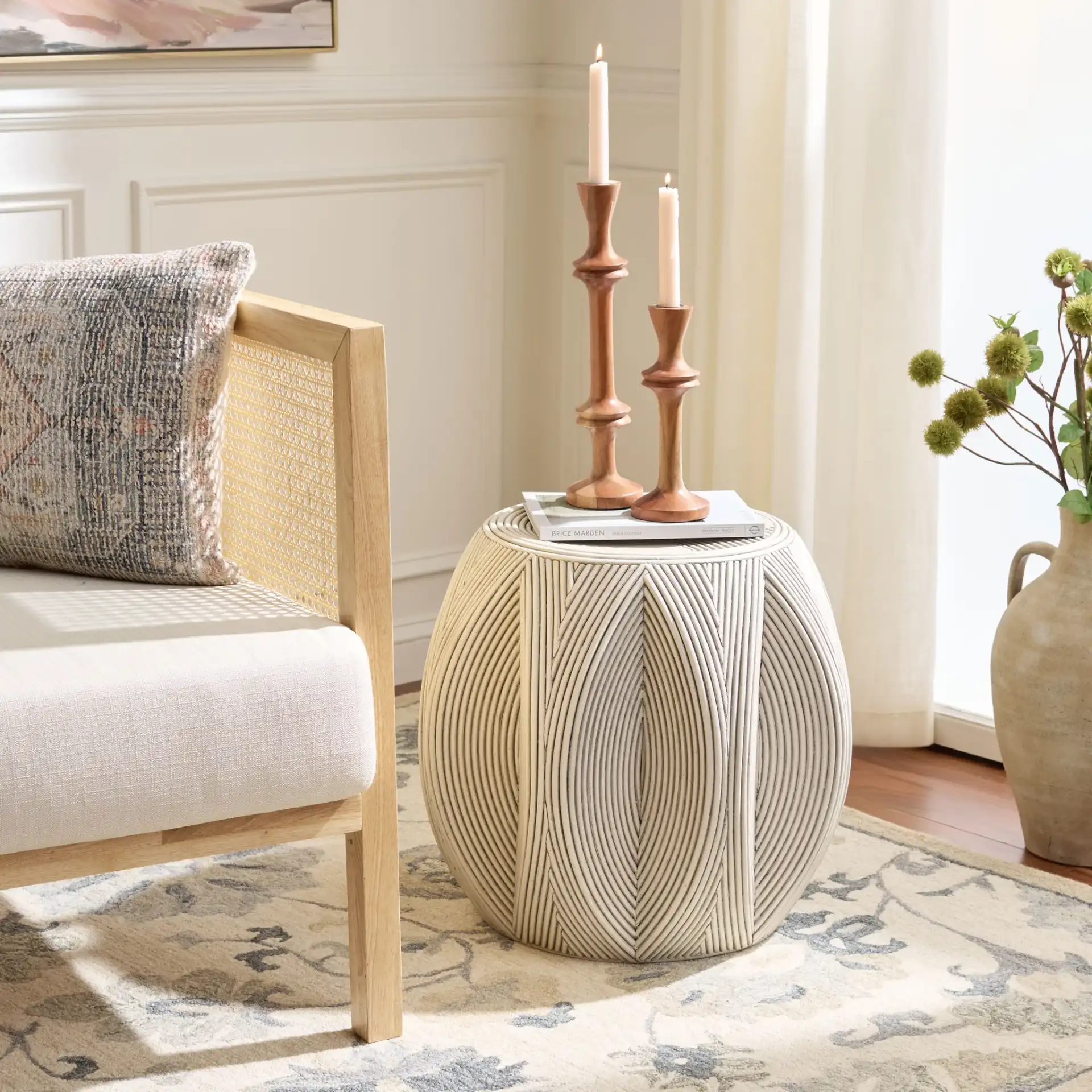 Oleg Accent Table in White Washed in a styled room