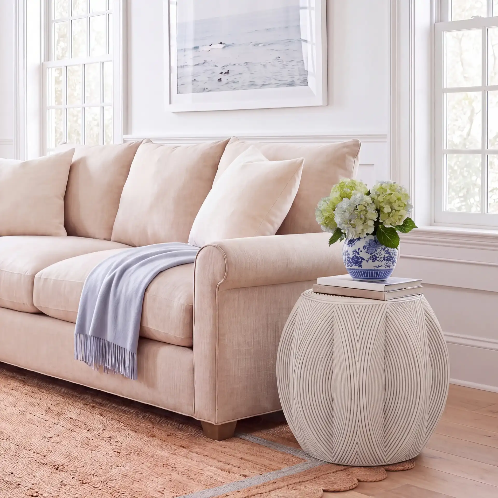 Oleg Accent Table in White Washed in a styled room