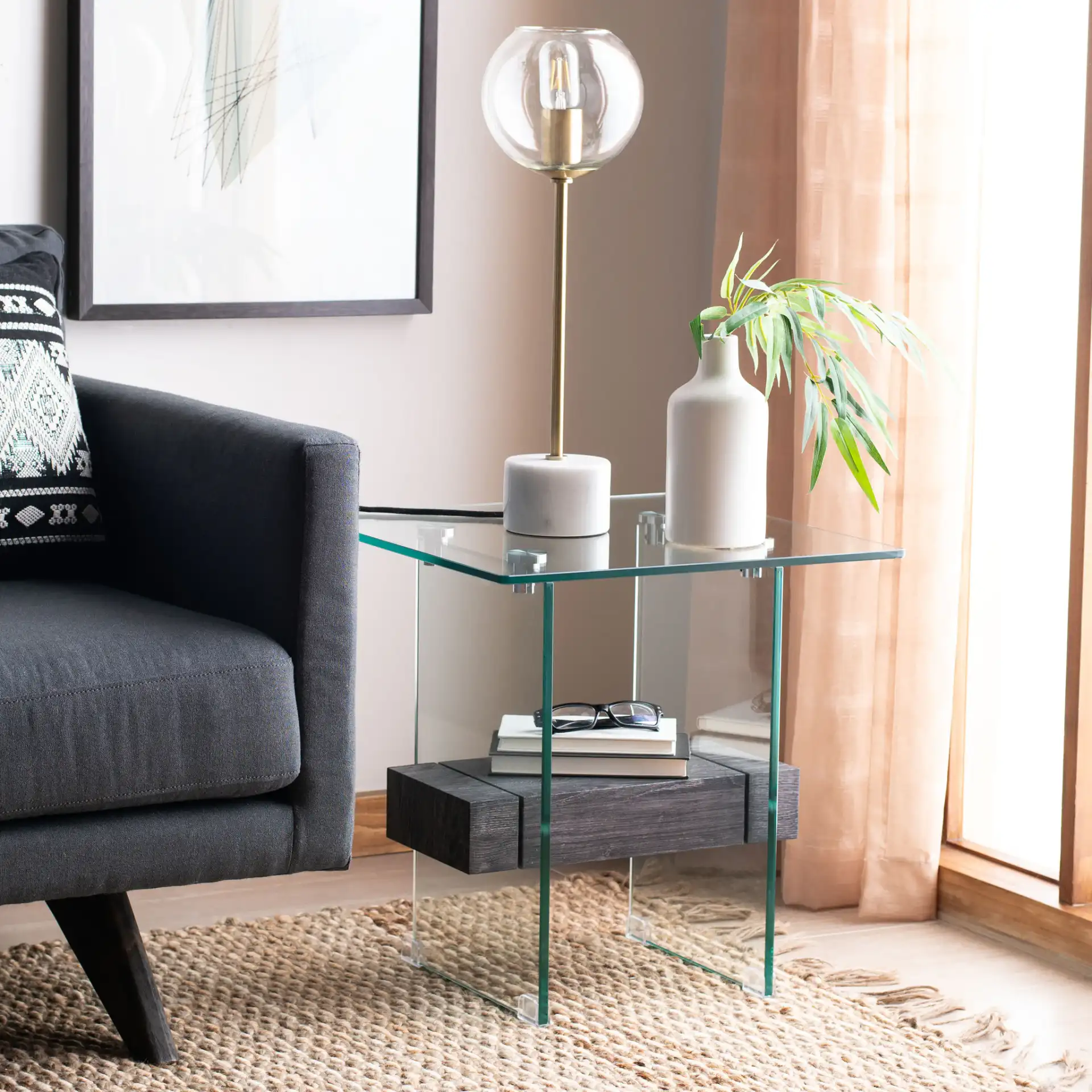 Kayley Accent Table in Clear / Black Oak in a styled room