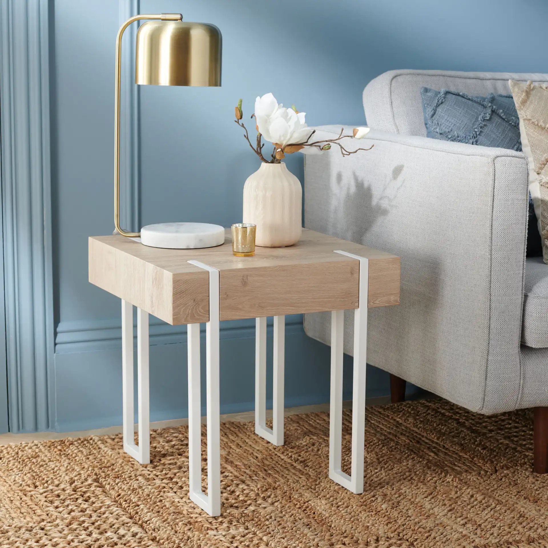 Aberton End Table in Natural / White in a styled room