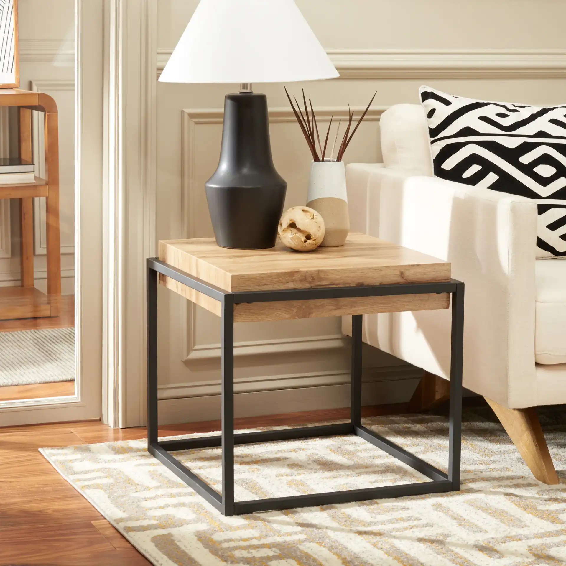 Edgefield End Table in Natural / Black in a styled room