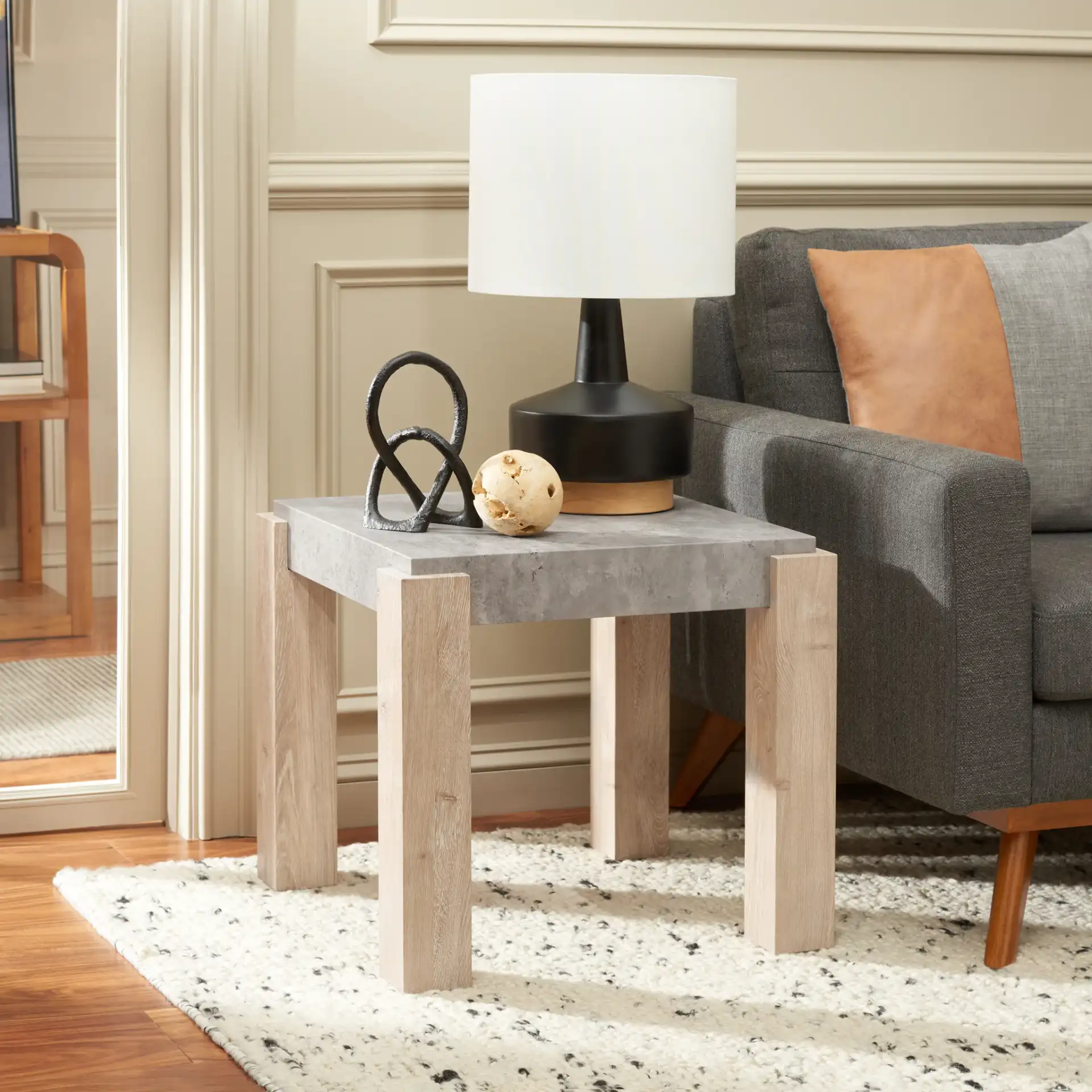 Coromio End Table in Light Gray / Natural in a styled room