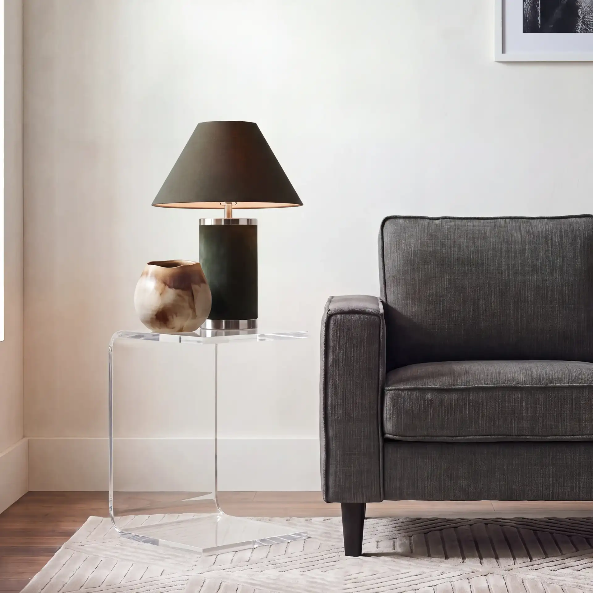 Upton Acrylic Side Table in Clear in a styled room