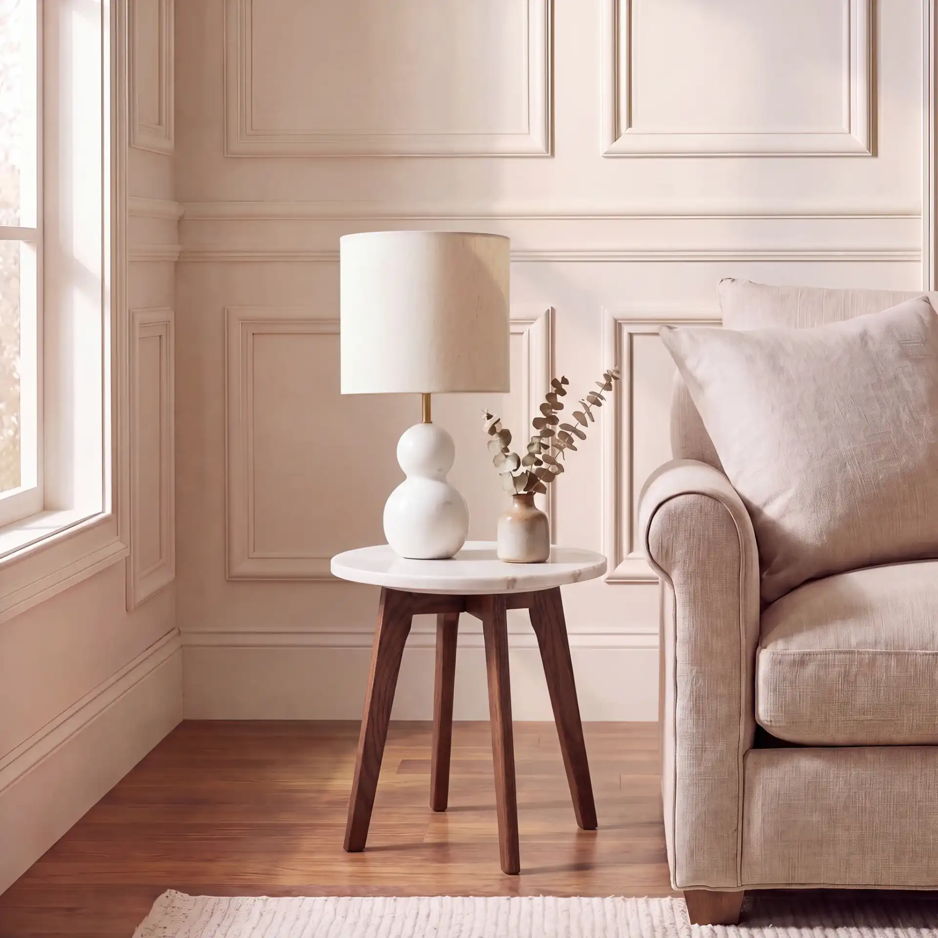 Marini Round Marble End Table in Marble / Walnut in a styled room