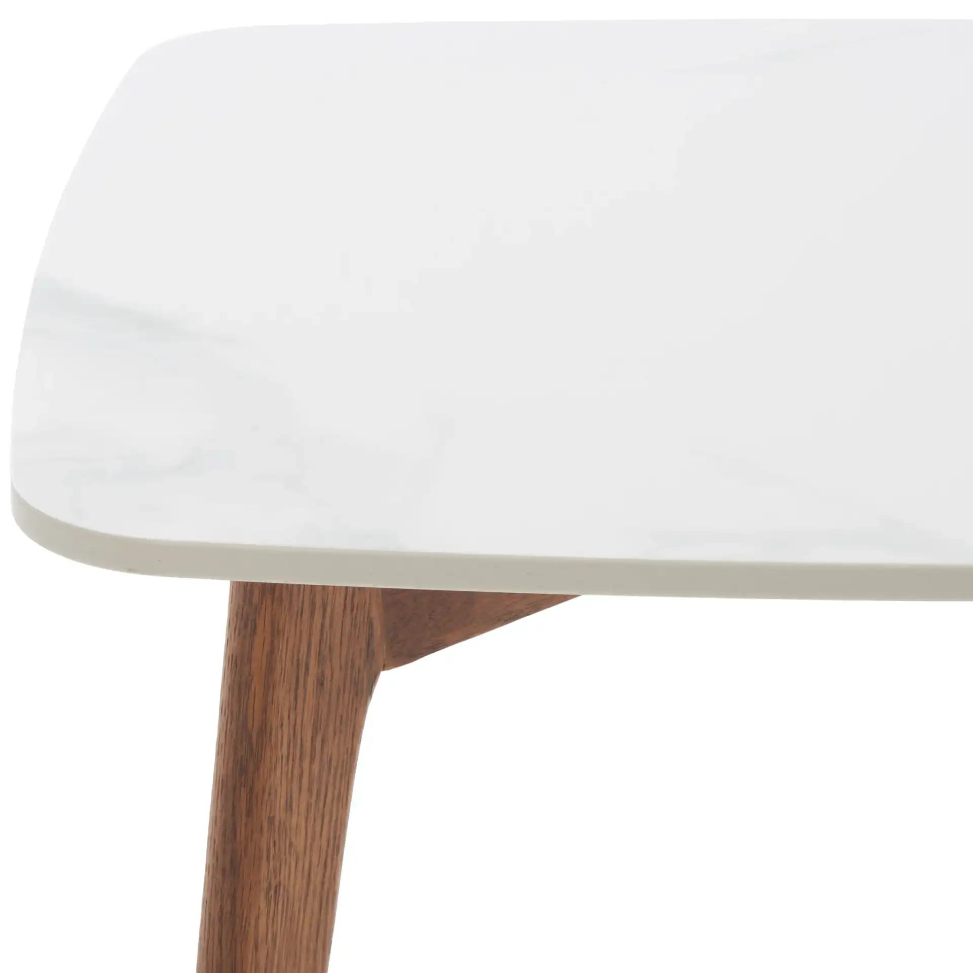 Karina Square End Table in White Ceramic Faux Marble / Walnut in a styled room
