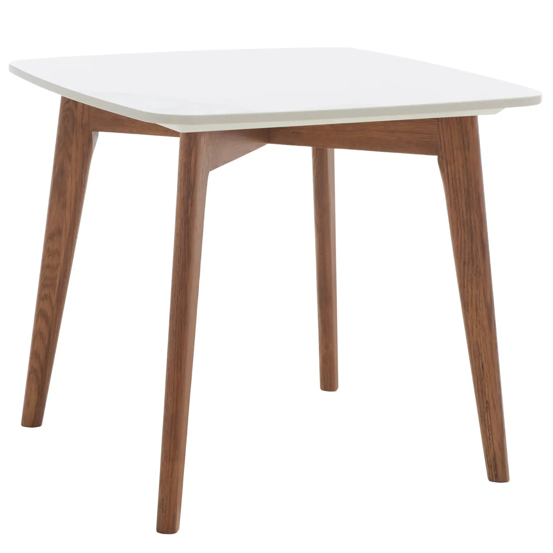 Karina Square End Table in White Ceramic Faux Marble / Walnut, detail view