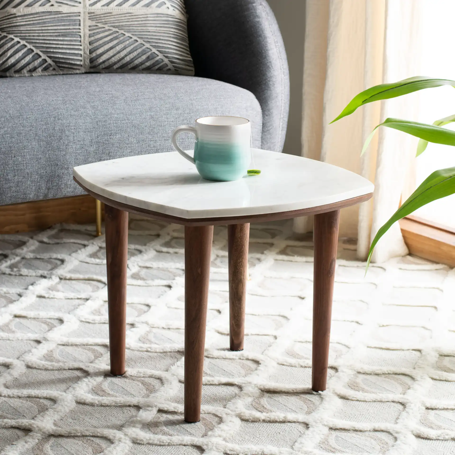 Lara Marble Side Table in White Washed / White in a styled room