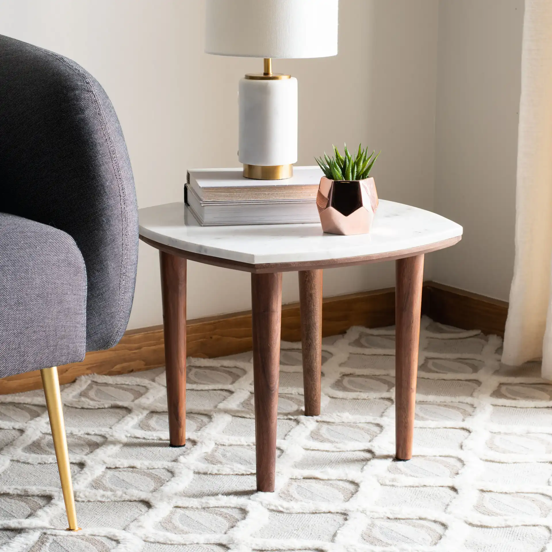 Lara Marble Side Table in White Washed / White in a styled room