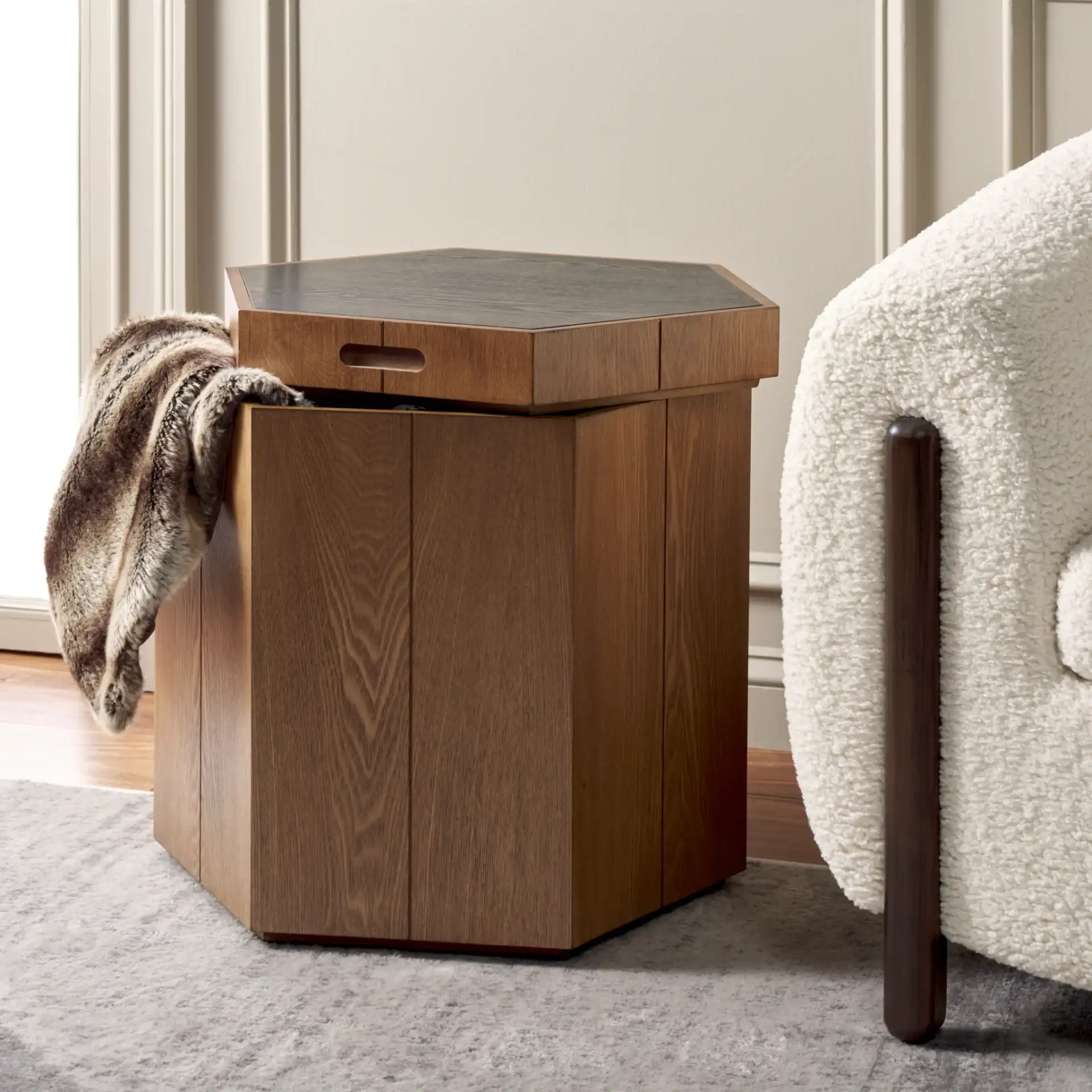 Rafaela Hexagon Accent Table in Natural Brown / White in a styled room
