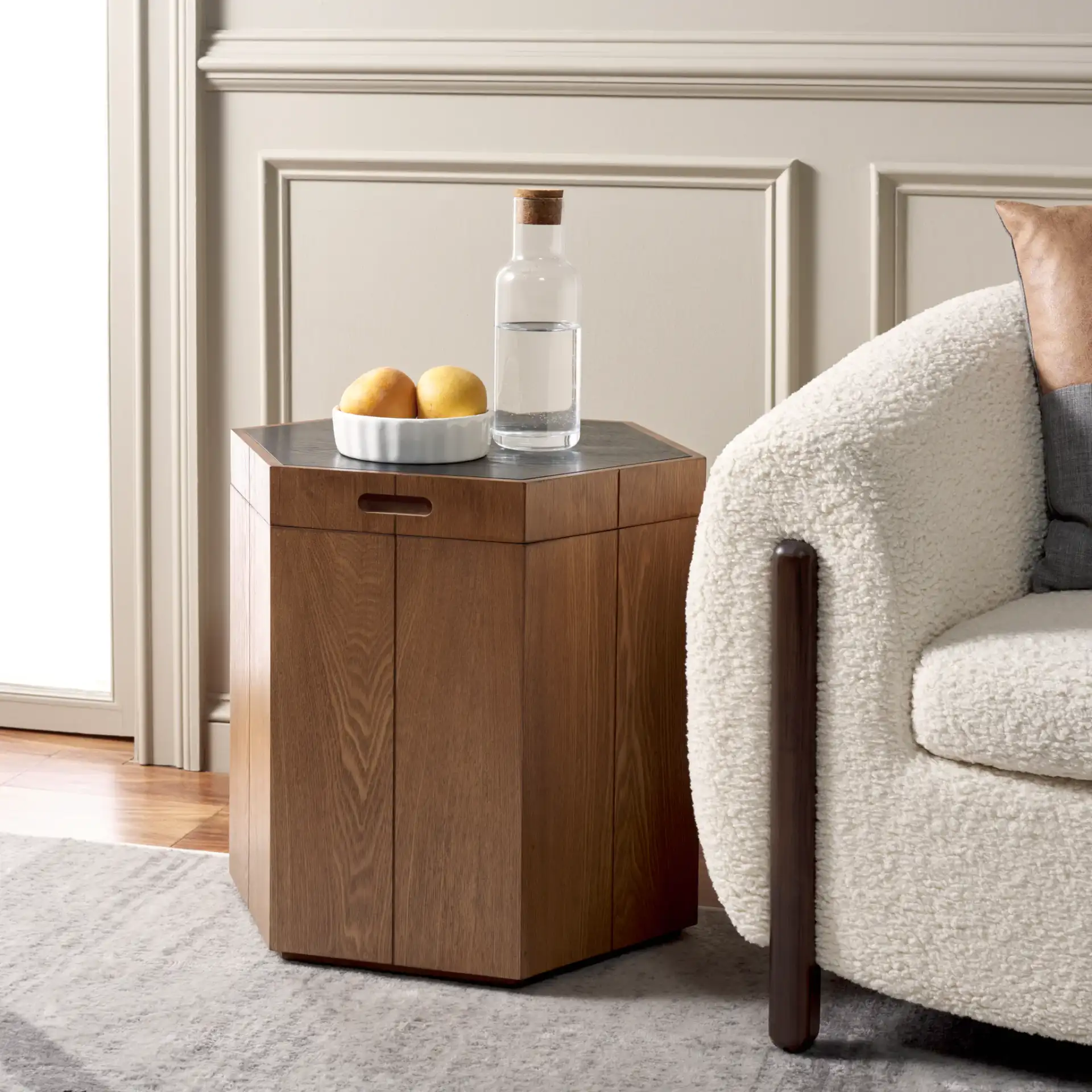 Rafaela Hexagon Accent Table in Natural Brown / White in a styled room