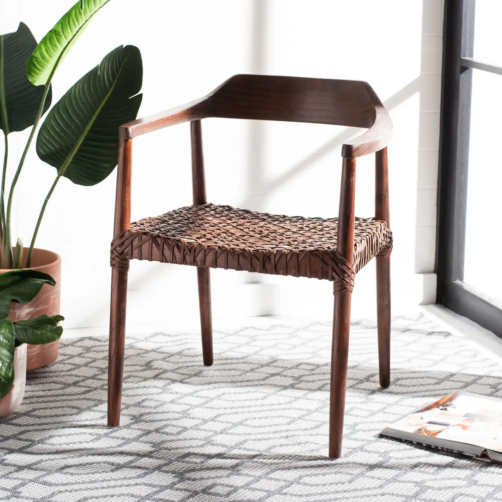 Munro Leather Woven Accent Chair in Walnut / Cognac in a styled room